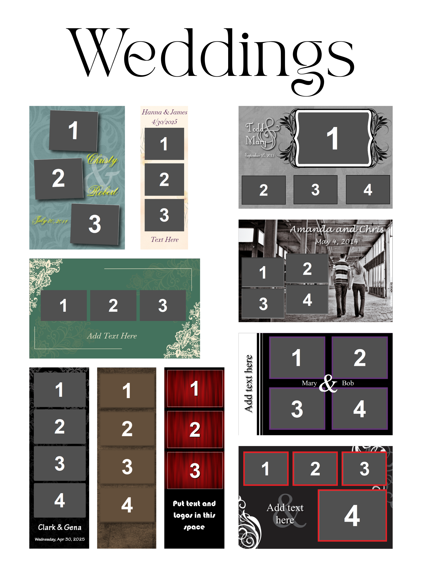 Collection of customizable wedding photo collage templates with numbered placeholders, some labeled with names, dates, and decorative borders, ready for personal photos and text.