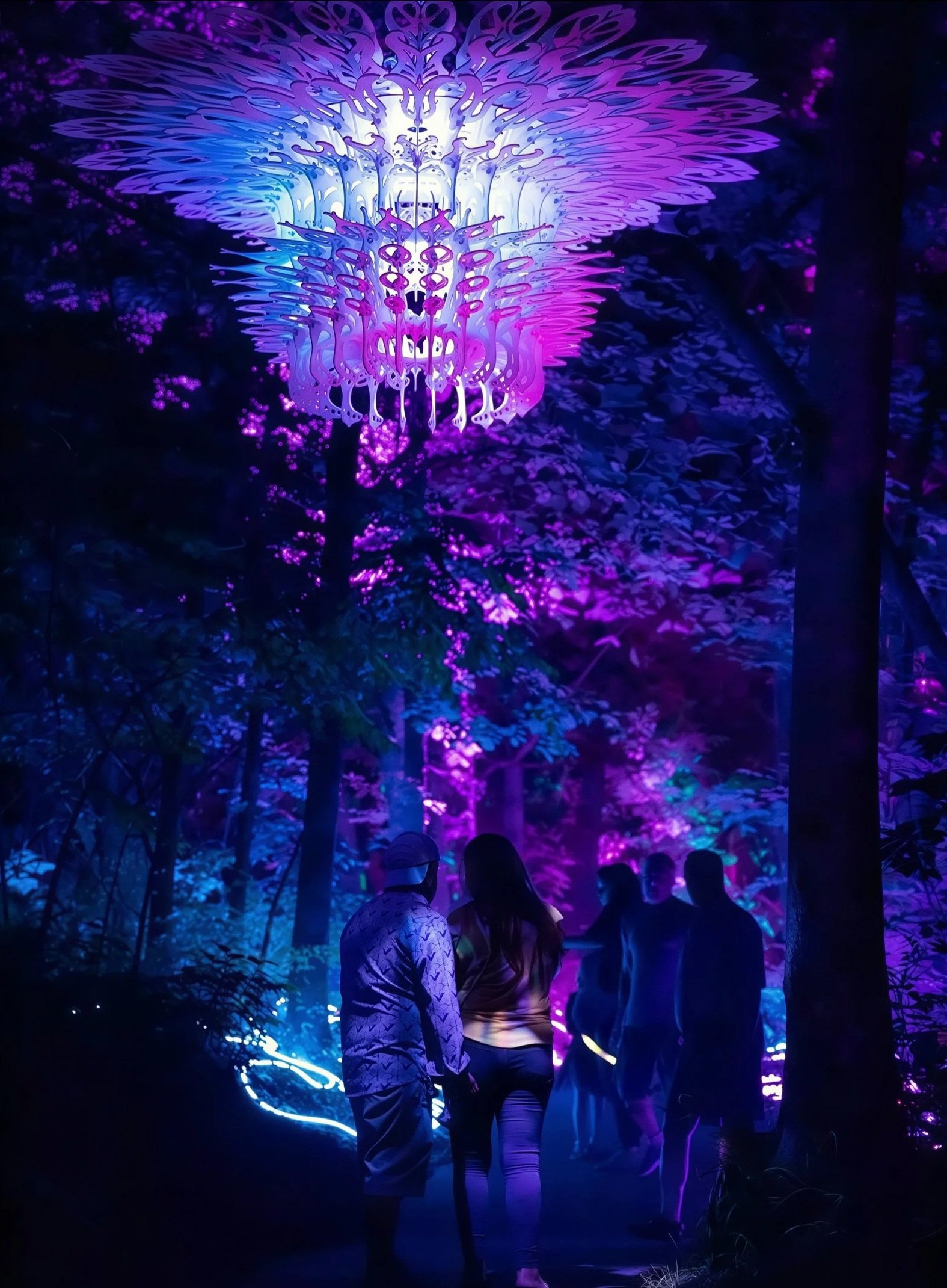The Terra Luna chandelier suspended in a forest canopy at night, lit from within in blue and magenta, its laser-cut layers fanning outward against dark trees.
