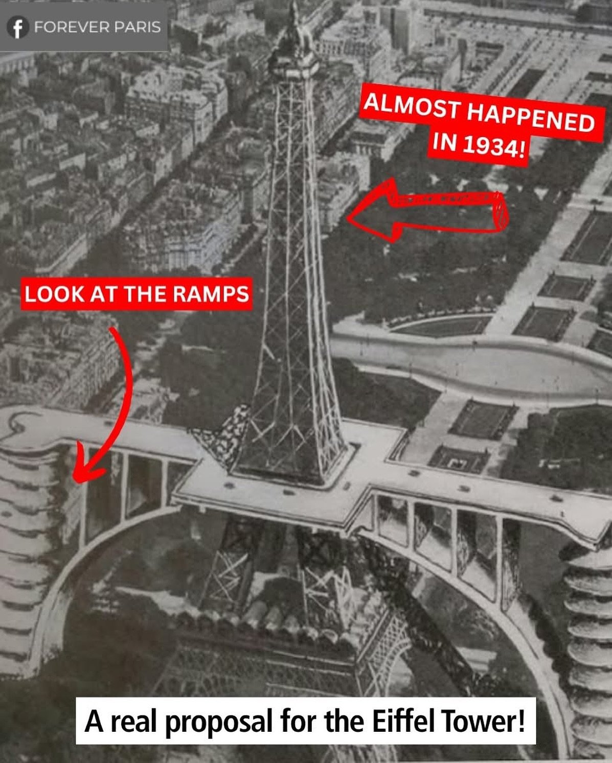 En la d&eacute;cada de 1930, se ide&oacute; un proyecto muy inusual para la Torre Eiffel. Un ingeniero franc&eacute;s llamado Andr&eacute; Basdevant ide&oacute; la idea en 1934. Su plan era permitir que los coches subieran al segundo piso de la Torre