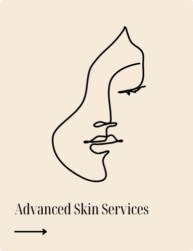 Line drawing of a woman's face profile with closed eyes, promoting Advanced Skin Services. Arrow pointing left.