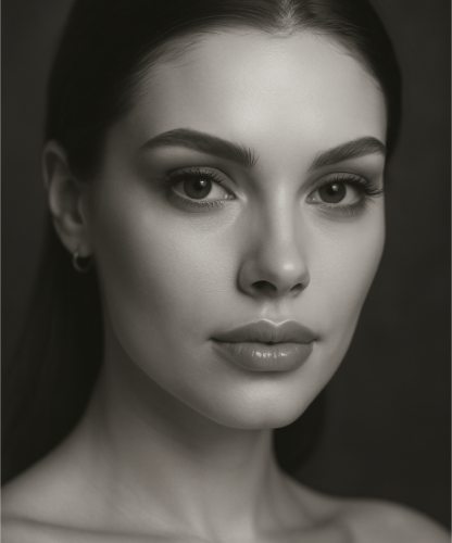Black and white portrait of a woman with dark hair and light skin, looking directly at the camera.