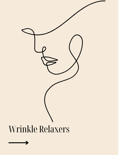 Minimalist line drawing of a woman's face with text 'Wrinkle Relaxers' and an arrow pointing left.