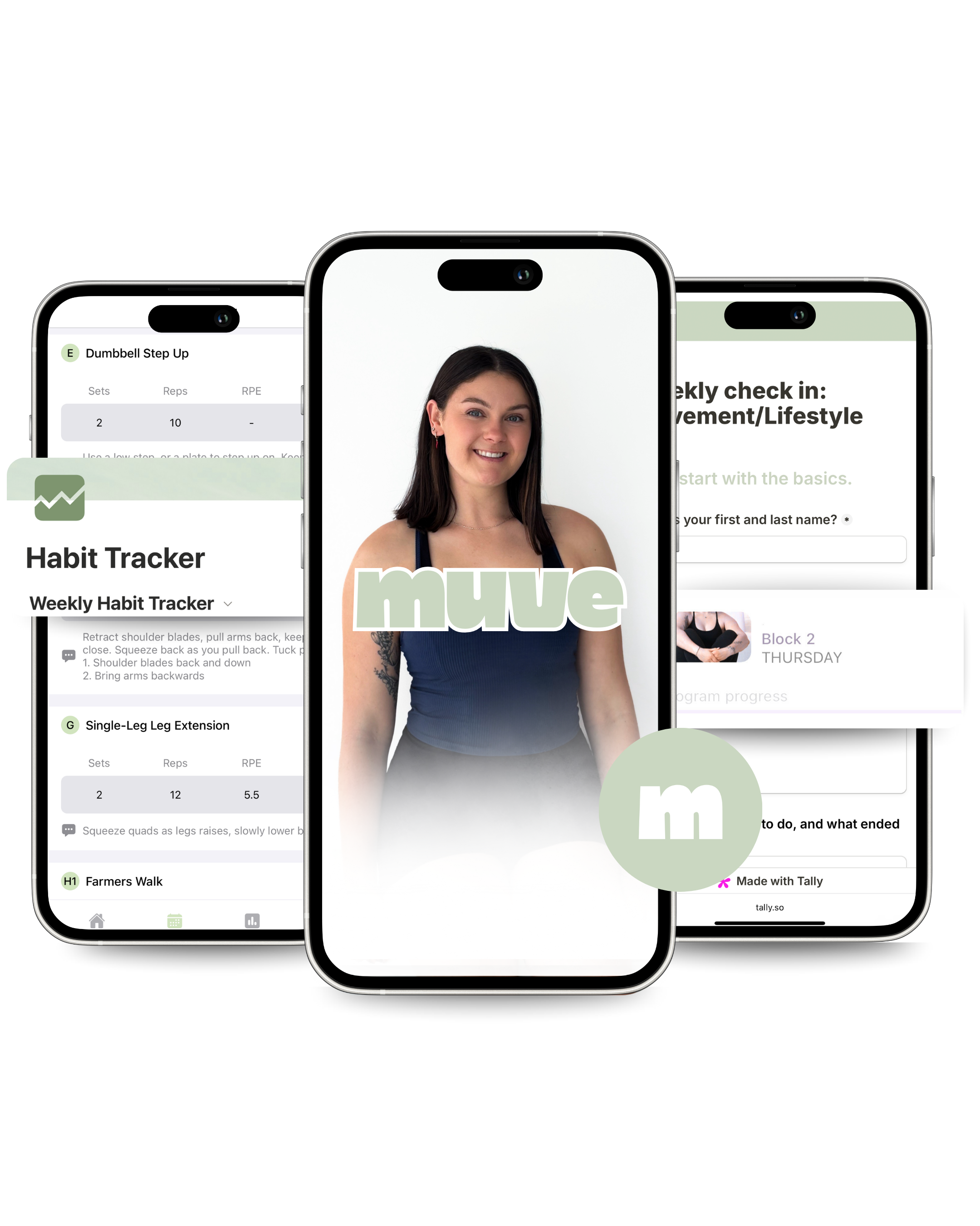 Smartphones displaying fitness tracking, habit tracking, and weekly check-in apps, with a smiling woman in the center and the word 'move' overlayed.