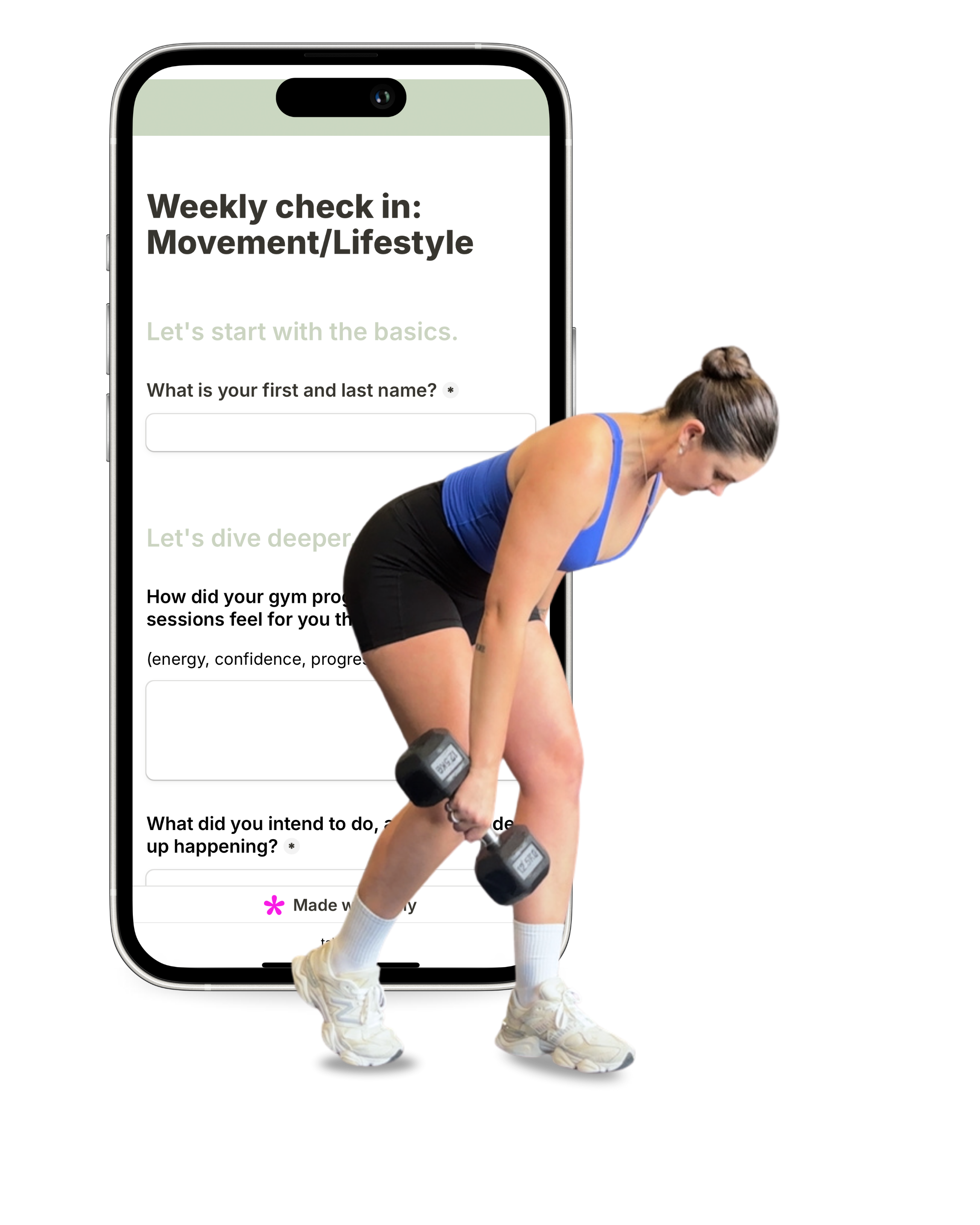 A woman in athletic attire lifting dumbbells in front of a digital device screen displaying a weekly check-in for movement and lifestyle.