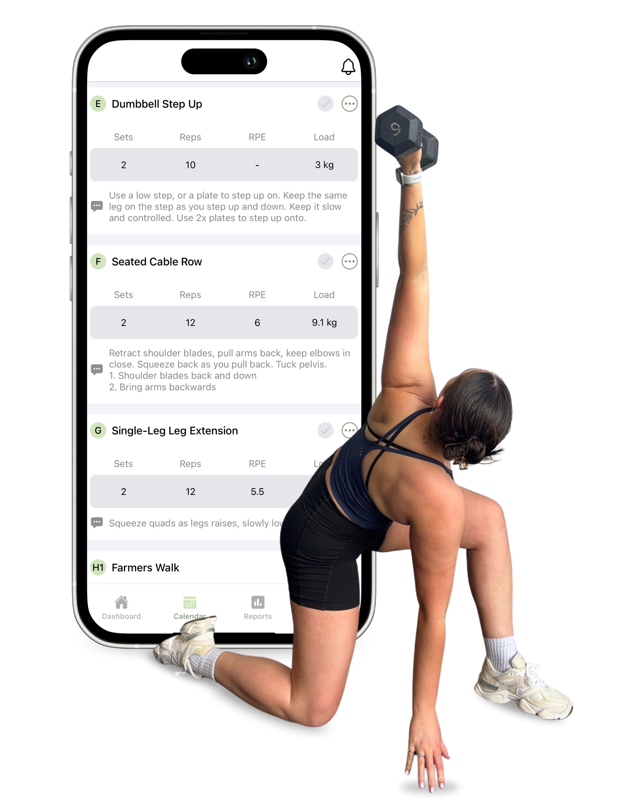 A woman in workout attire appears to be exercise, simulated with a large digital screen showing a workout app. The app displays various strength training exercises and details.