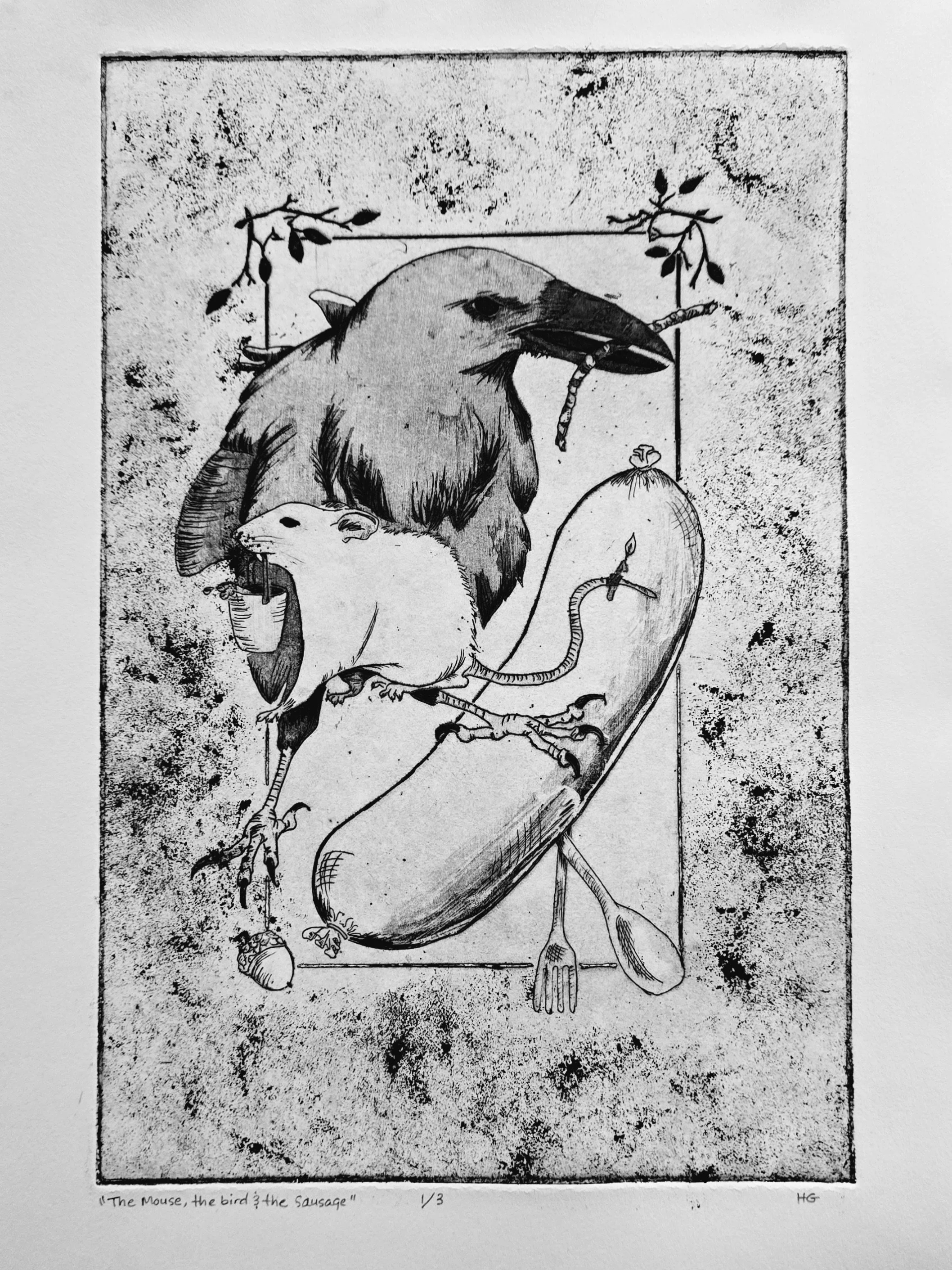 Print of old German tale. The Bird, The Mouse and the Sausage. 