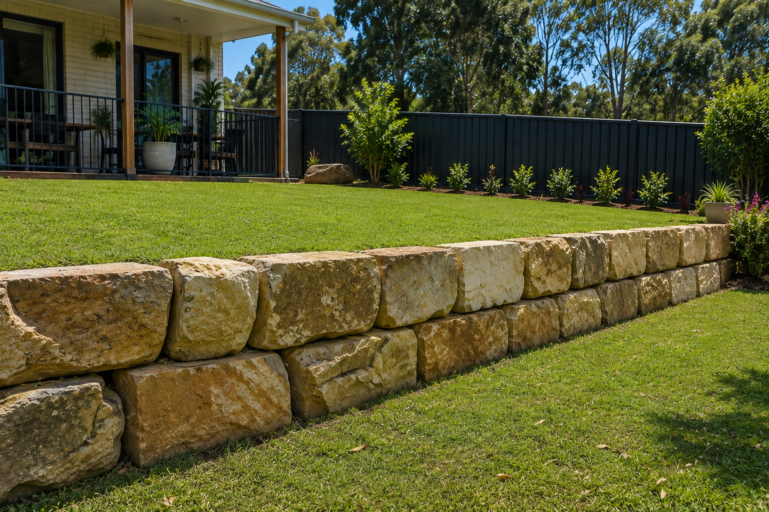 Sandstone block retaining wall creating a level garden area