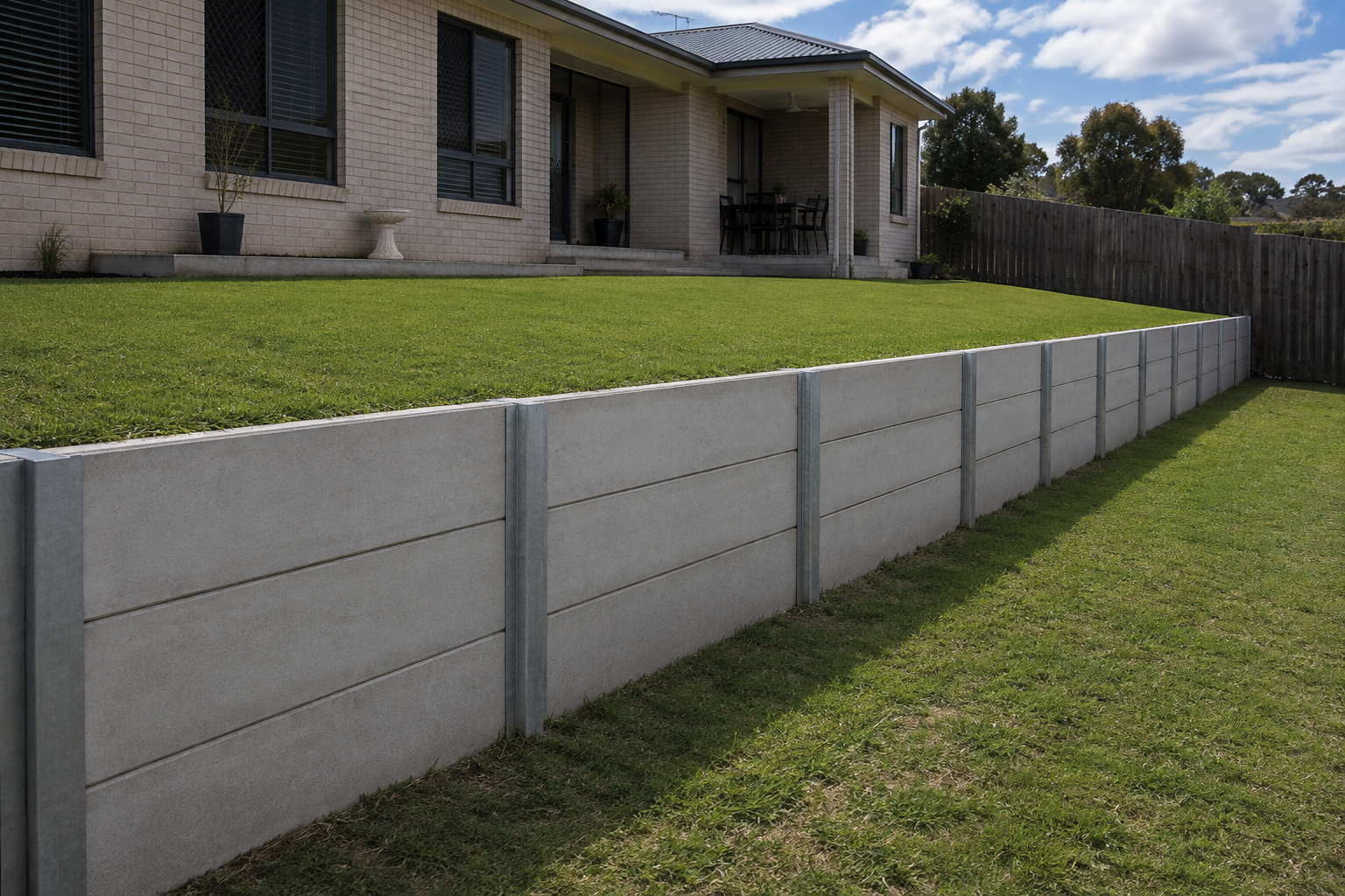 Concrete sleeper retaining wall creating a level backyard area