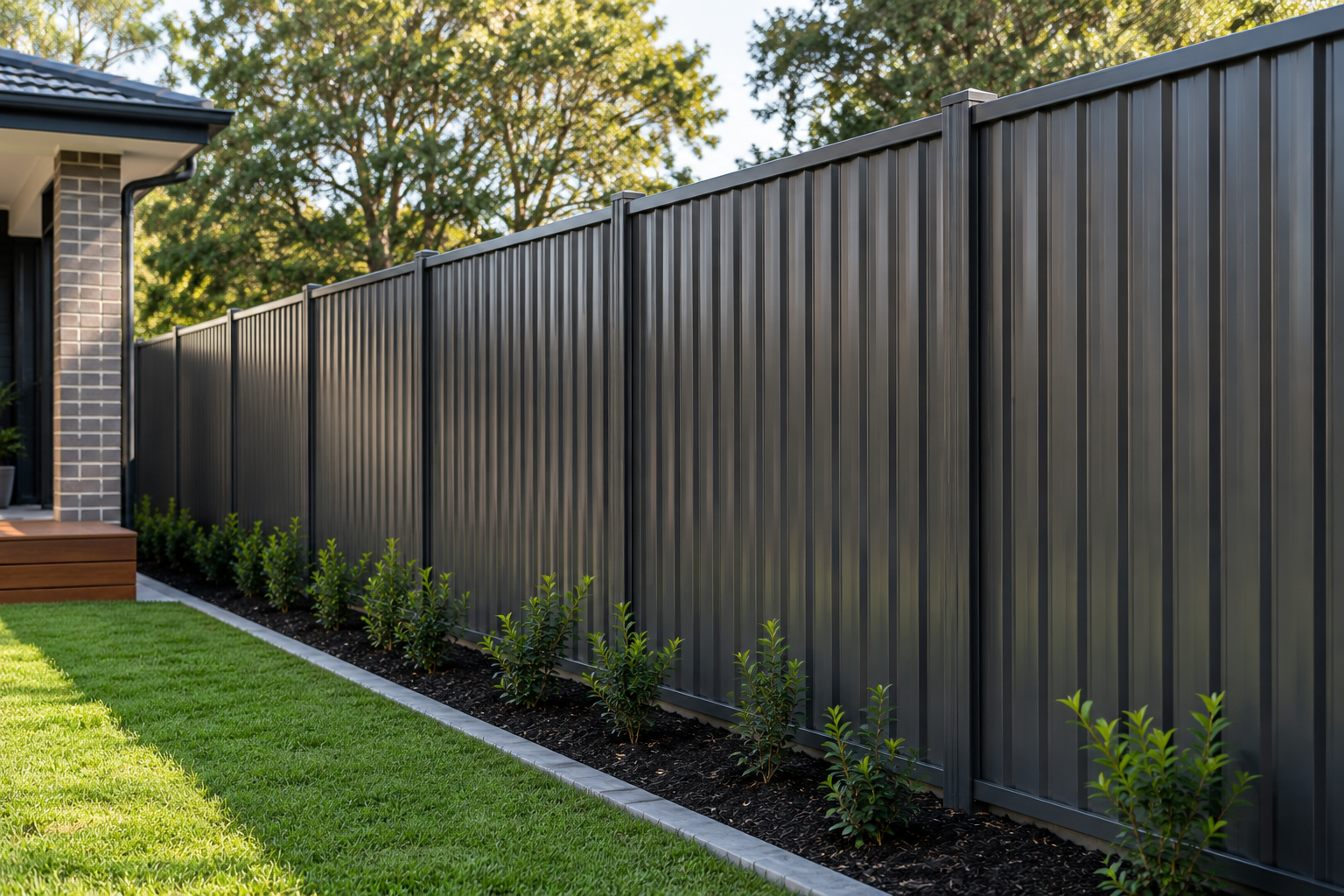 Black Colorbond fencing installed at a residential property in North Brisbane