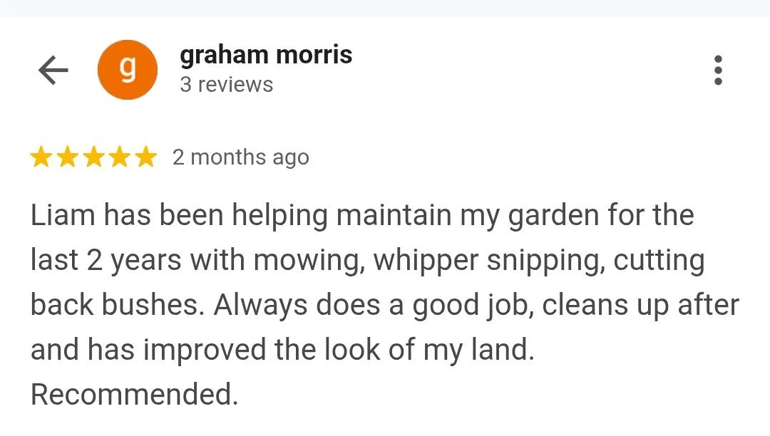 Screenshot of a Google review for a gardening service, with a five-star rating and the review text praising Liam for garden maintenance over two years.