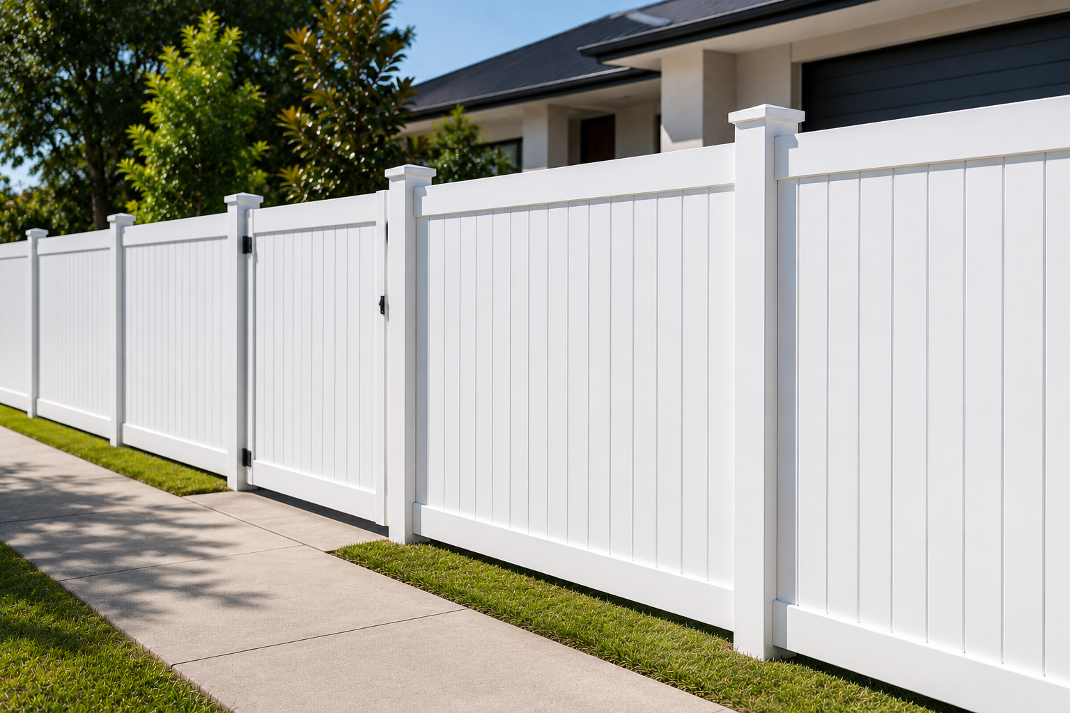White PVC privacy fencing installed at a residential property in North Brisbane