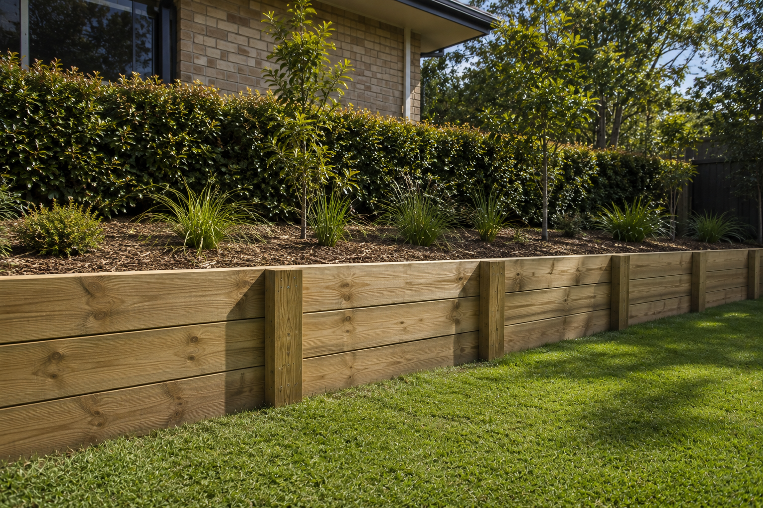 Timber retaining wall creating a level garden area