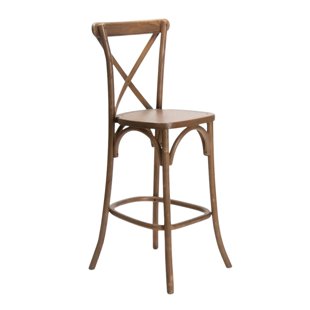 Wooden bar stool with crossed backrest design and circular footrest