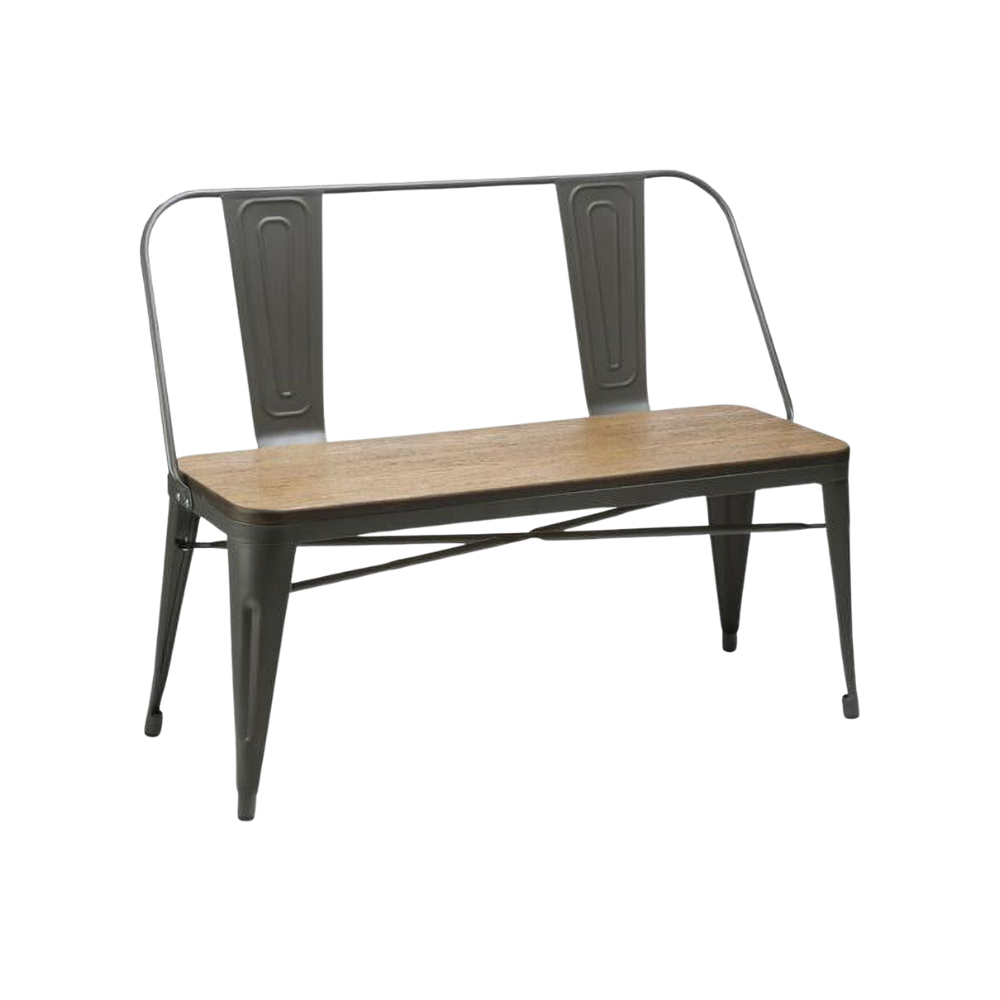A modern bench with a wooden seat and black metal frame and legs.