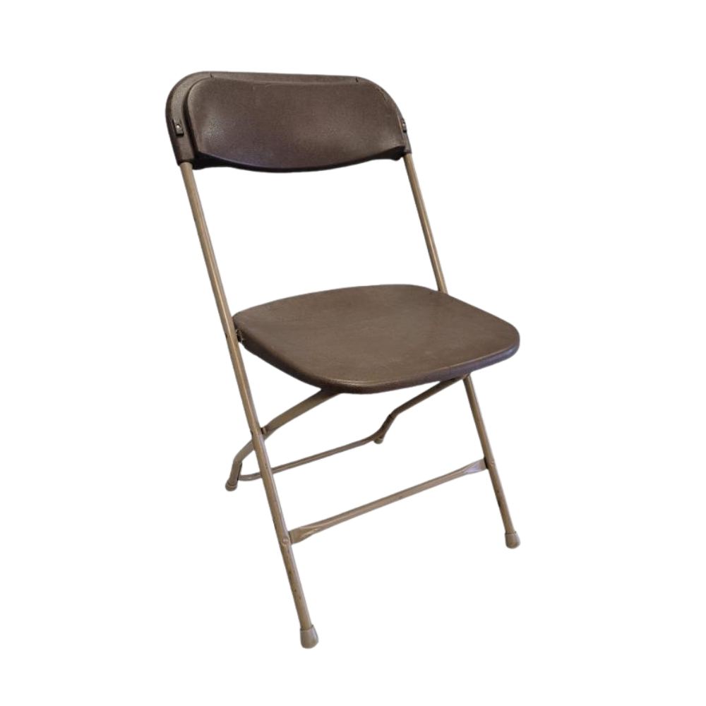 Brown folding chair with metal frame and padded seat and backrest.