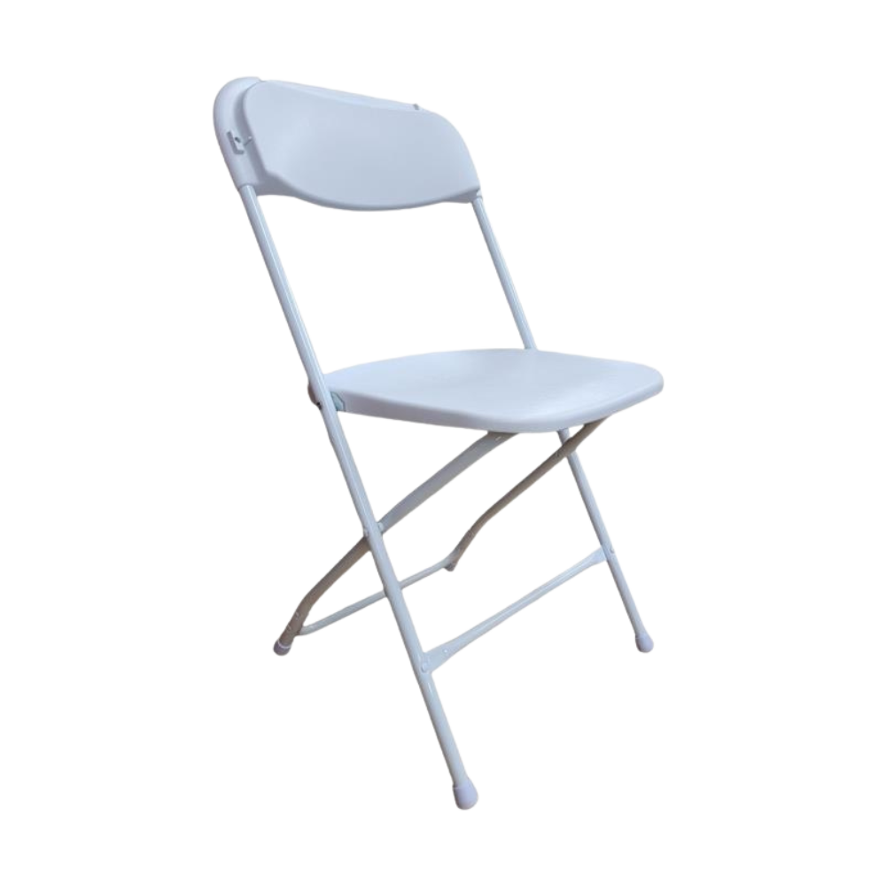 White folding chair with metal frame and plastic seat and backrest.
