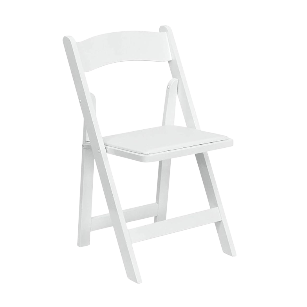 White folding chair with a padded seat and backrest, isolated on a transparent background.