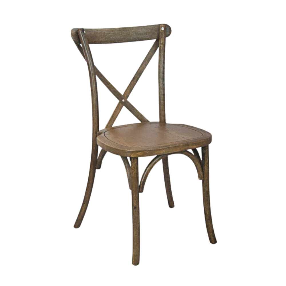 Wooden chair with a slatted backrest and curved legs, isolated on a transparent background.