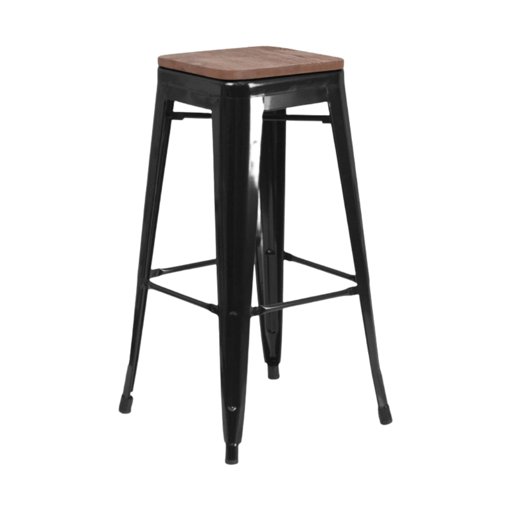 Black metal bar stool with wooden seat and four straight legs connected by metal supports.