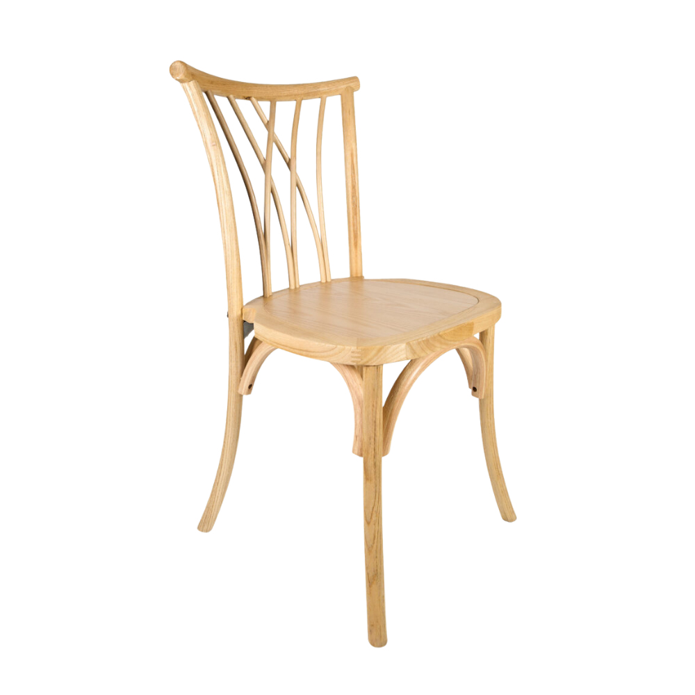 Wooden chair with a curved backrest and vertical slats, four legs, and a rounded seat.