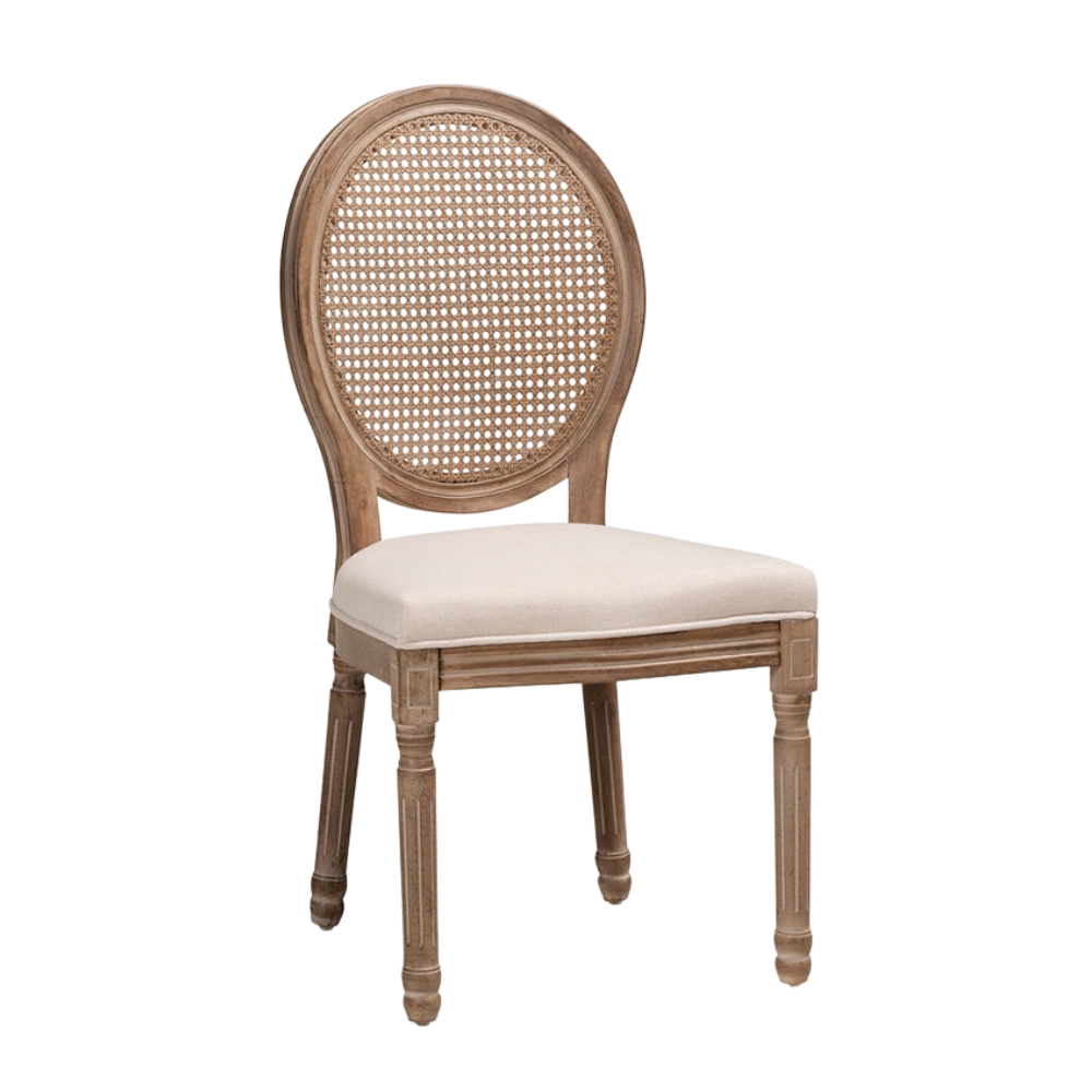 Wooden chair with an oval cane backrest and a cushioned seat.