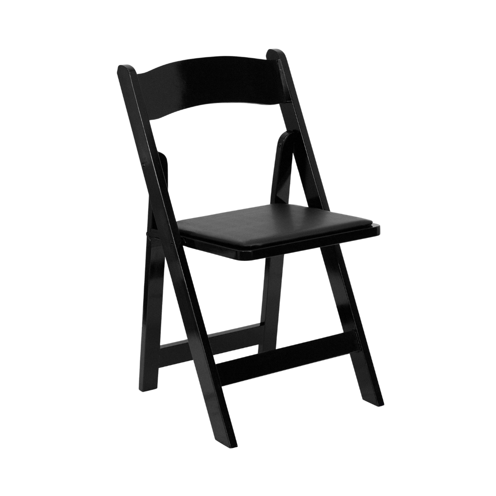 Black folding chair with a cushioned seat and backrest.
