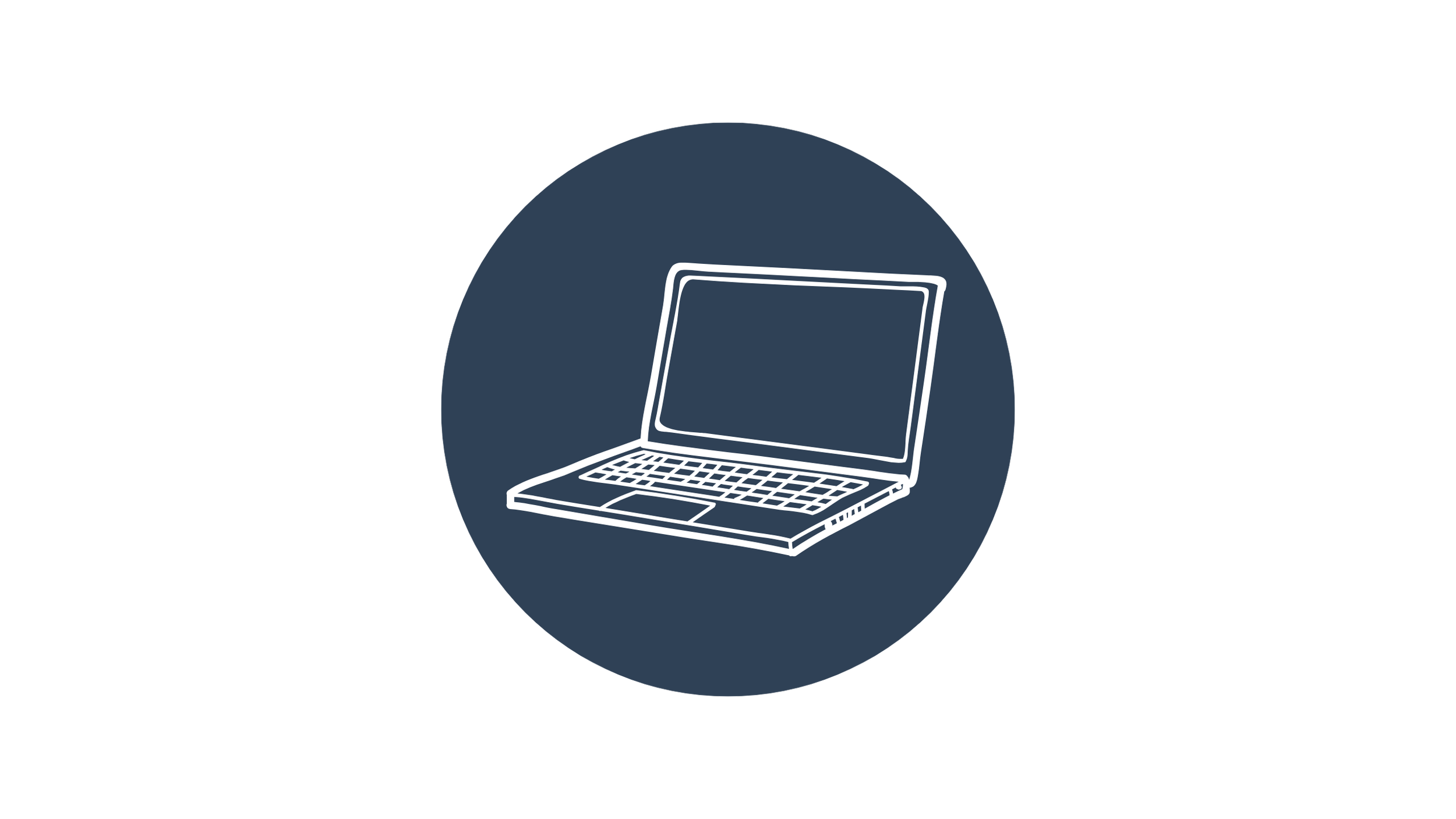 Line drawing of a laptop computer inside a dark blue circle.