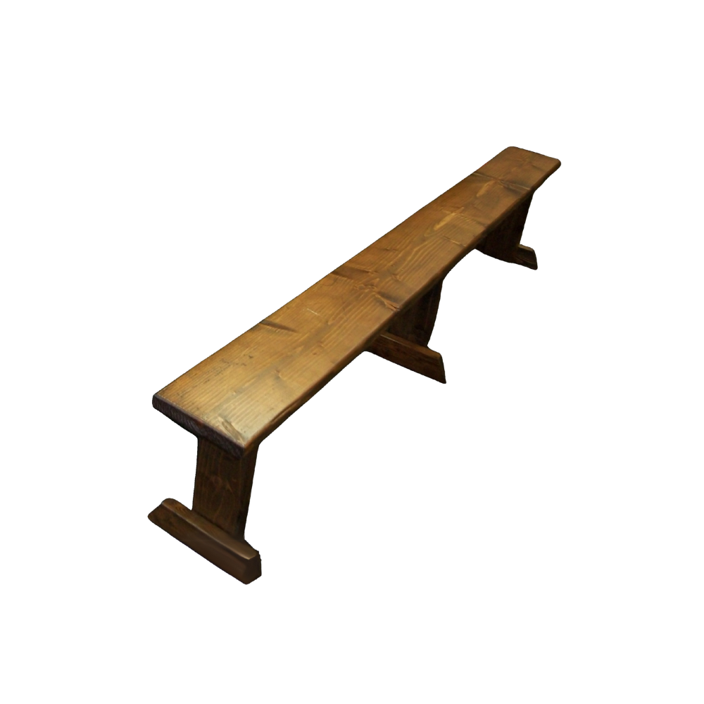 A wooden church pew bench from a front or side perspective.