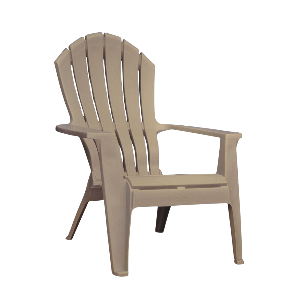 A beige Adirondack-style outdoor chair with a slatted backrest and armrests.