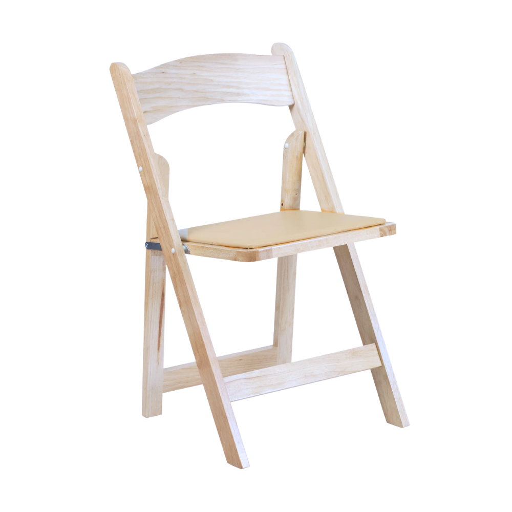 Wooden folding chair with a beige seat cushion
