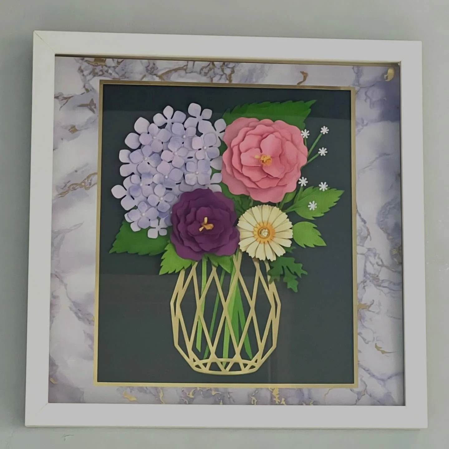 Spring time shadowbox crafting. 3D paper hydrangeas and roses. I&rsquo;m keeping this piece to decorate my craft room.