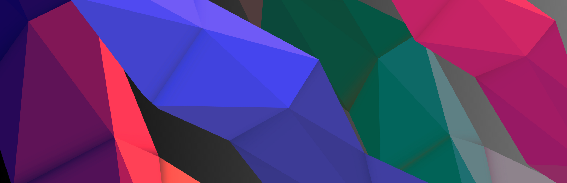 Abstract geometric pattern with colorful polygonal shapes in purple, blue, green, and pink hues.
