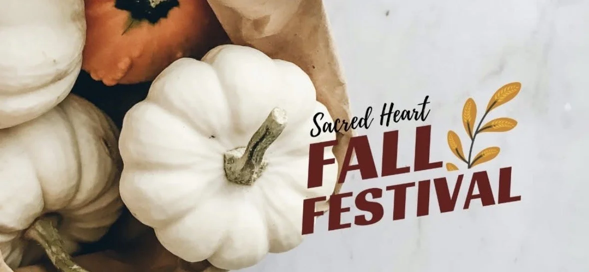 Sacred Heart Fall Festival flyer in Reedsburg, white pumpkins in a bag with wheat sprig graphic