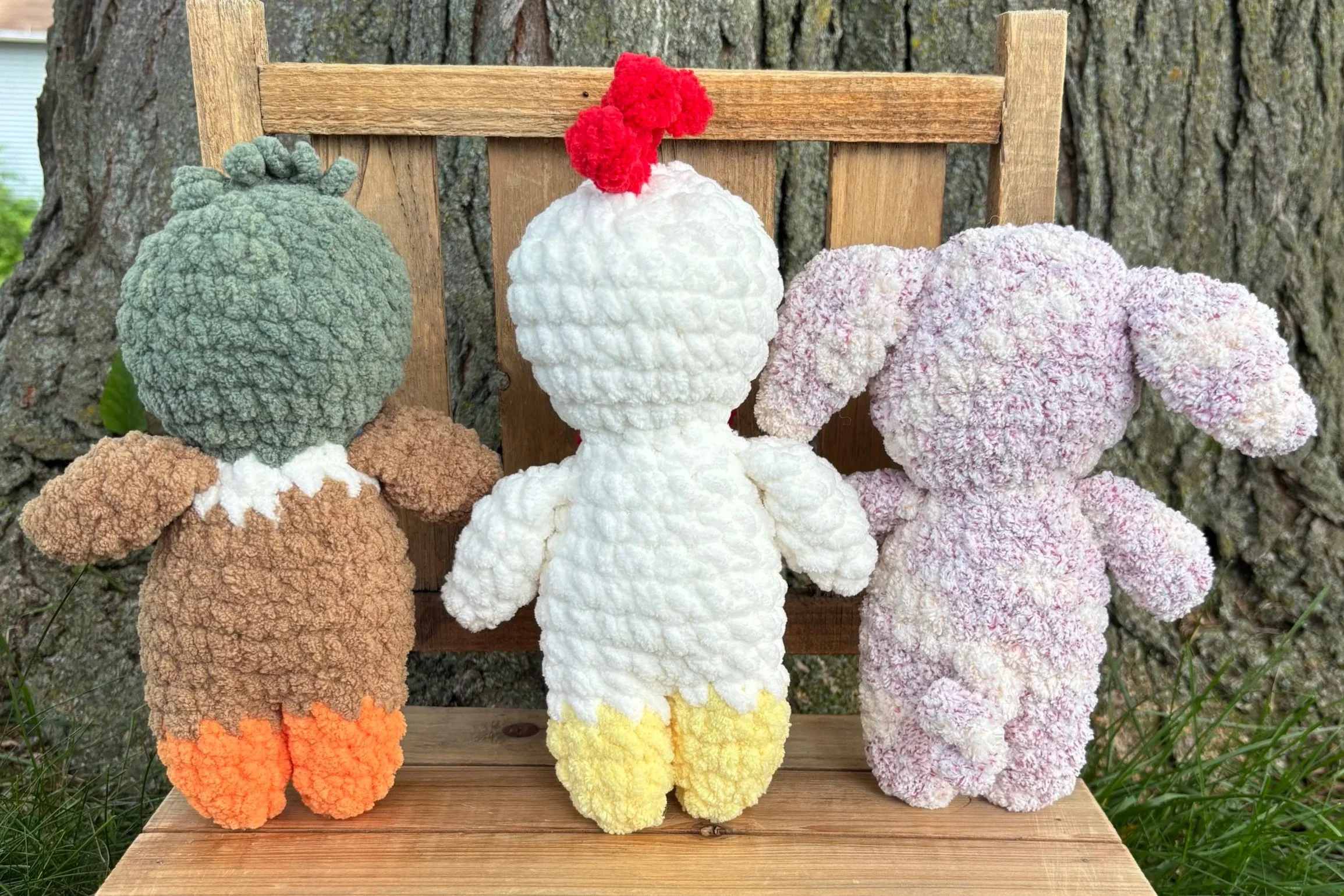 Handmade crochet chicken, mallard duck, and pig plushie set