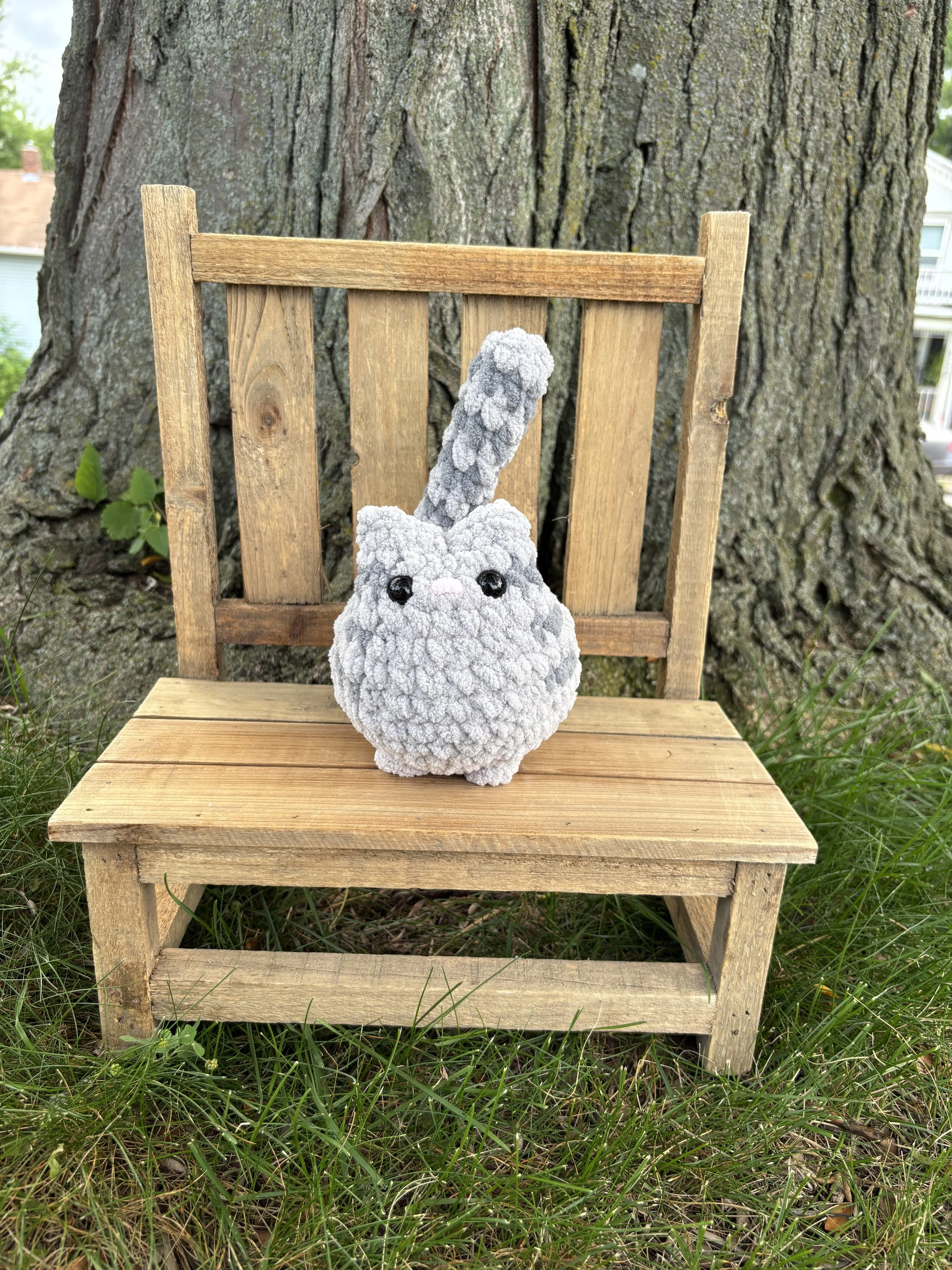 Handmade crochet grey tabby cat plushie