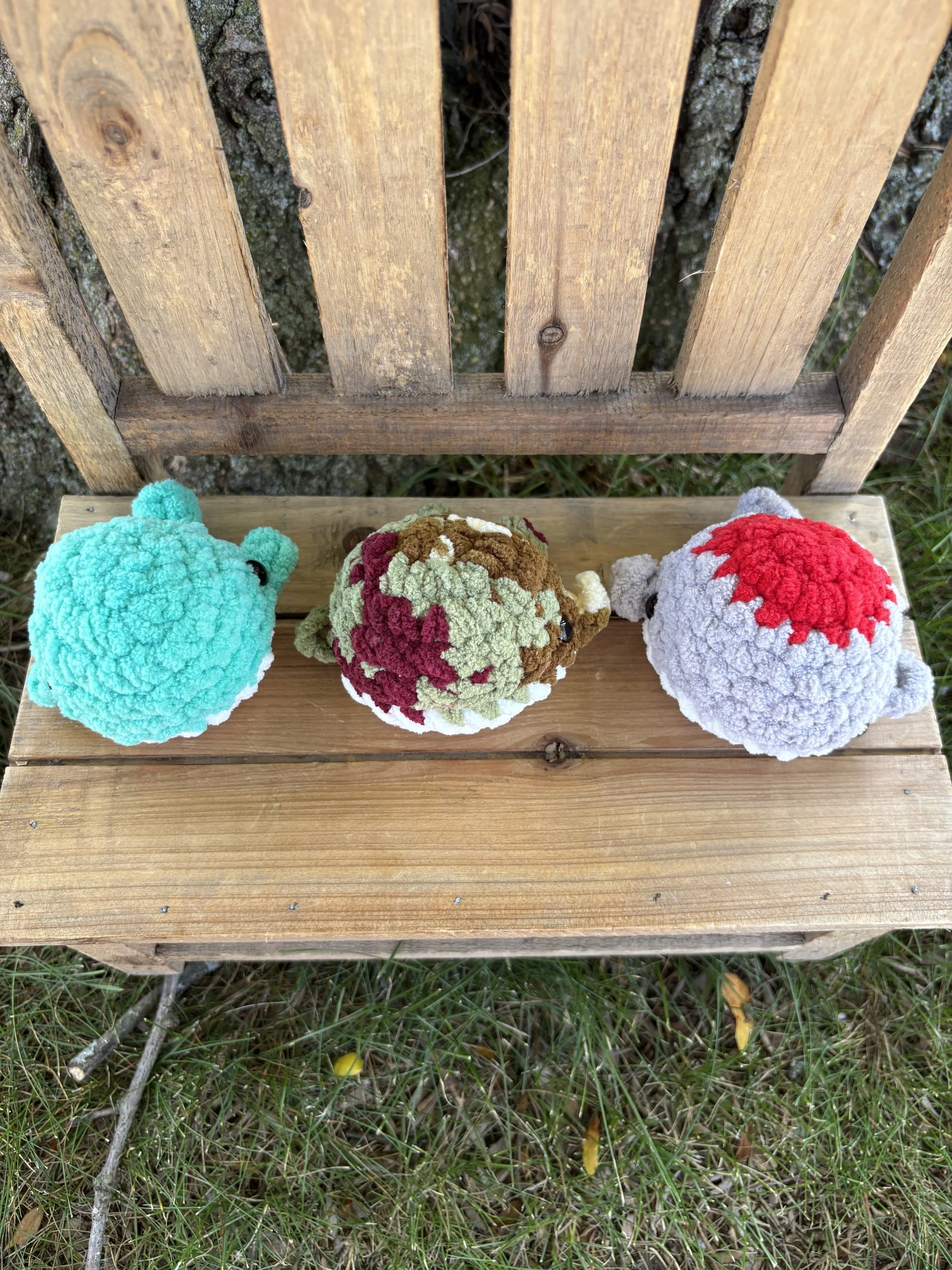 Handmade mini crochet whale plushie collage
