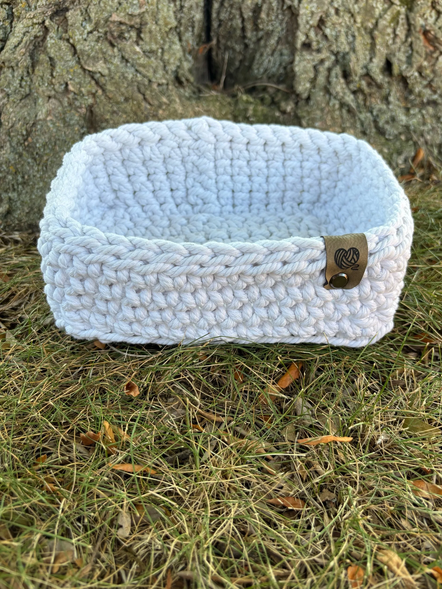 Handmade crochet round basket in natural macrame cord