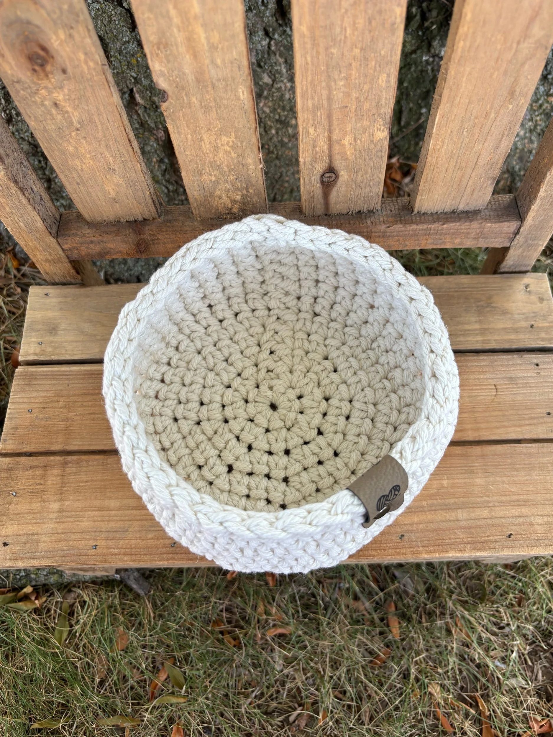 Top-down view of natural macrame basket interior