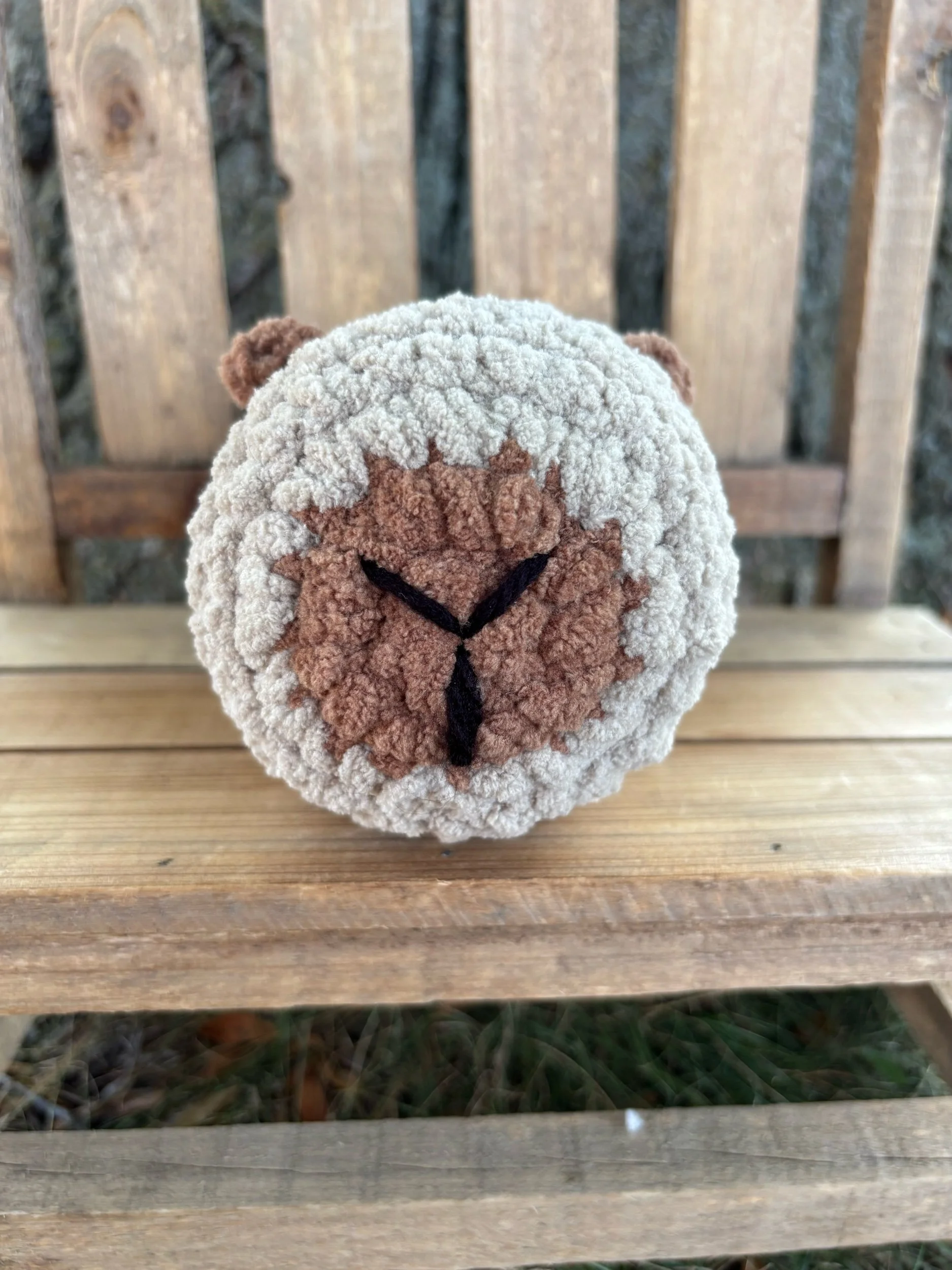 Close up of crochet capybara plushie face