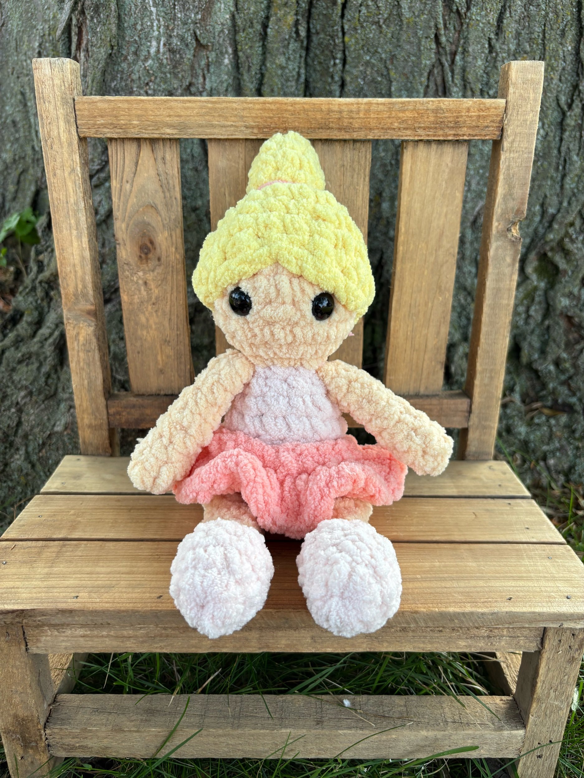 Handmade crochet ballerina doll plushie with blonde hair and pink tutu