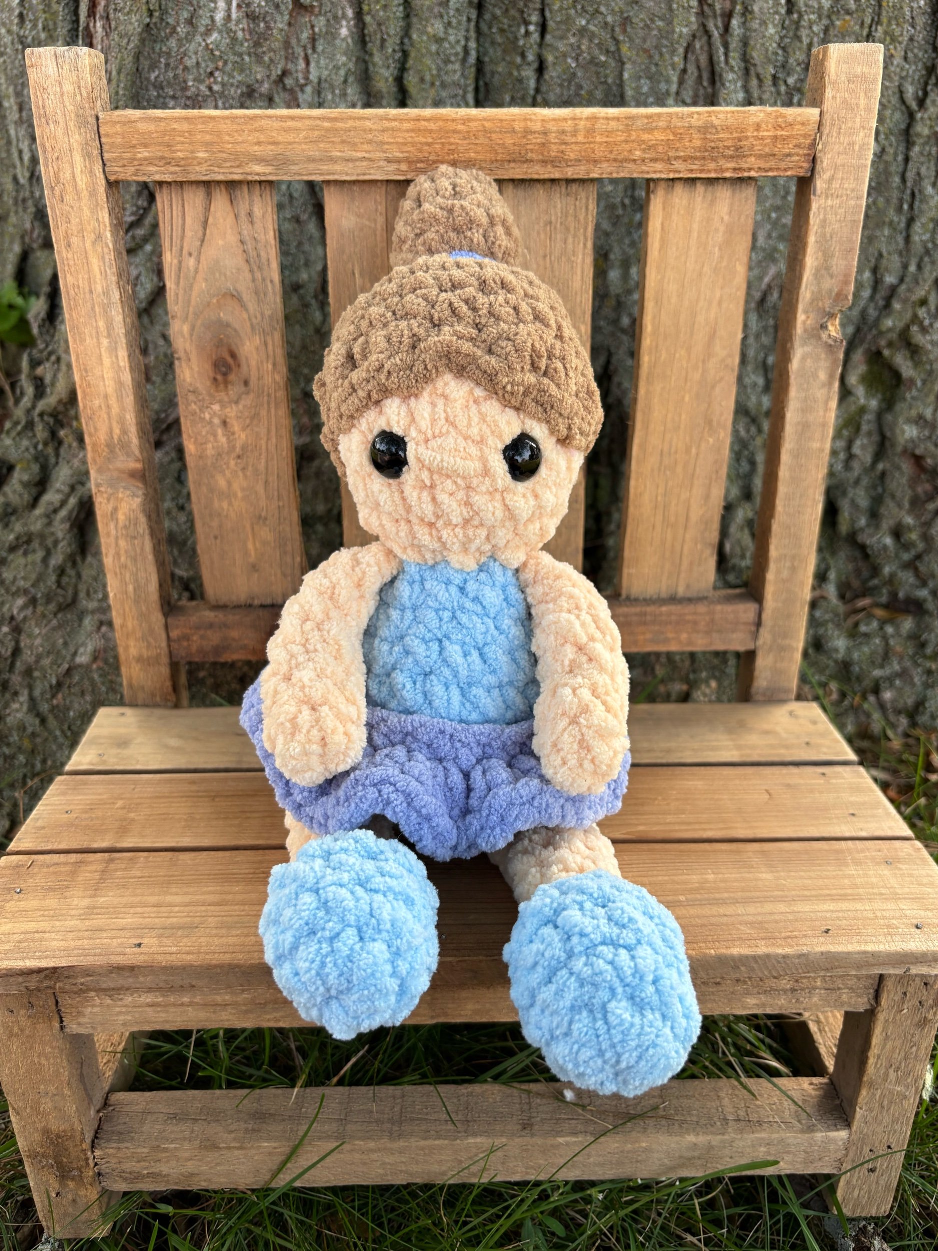 Handmade crochet ballerina doll plushie with brunette hair and blue tutu