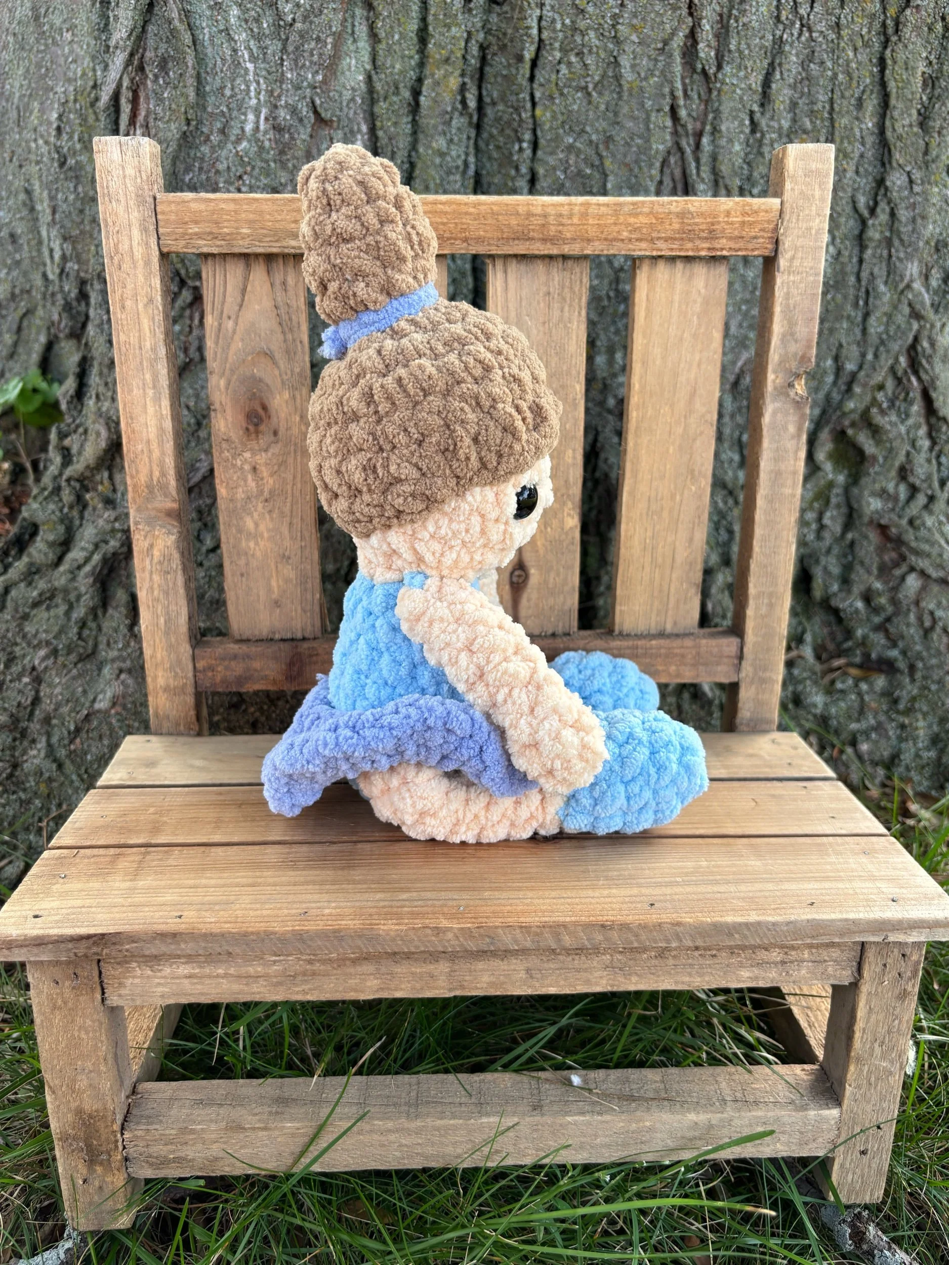 Handmade crochet ballerina doll plushie with brunette hair and blue tutu