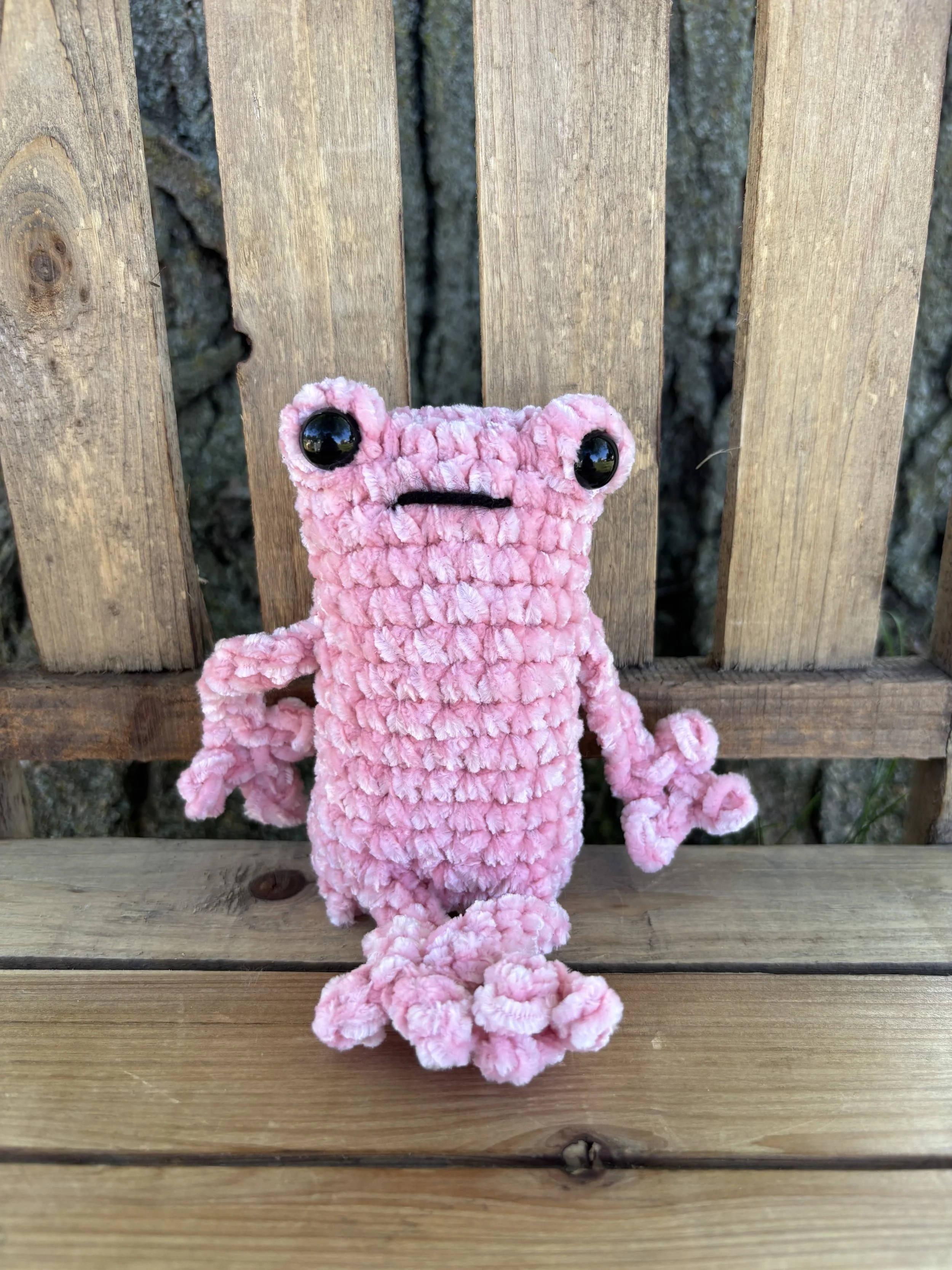 Handmade crochet pink velvet leggy frog plushie