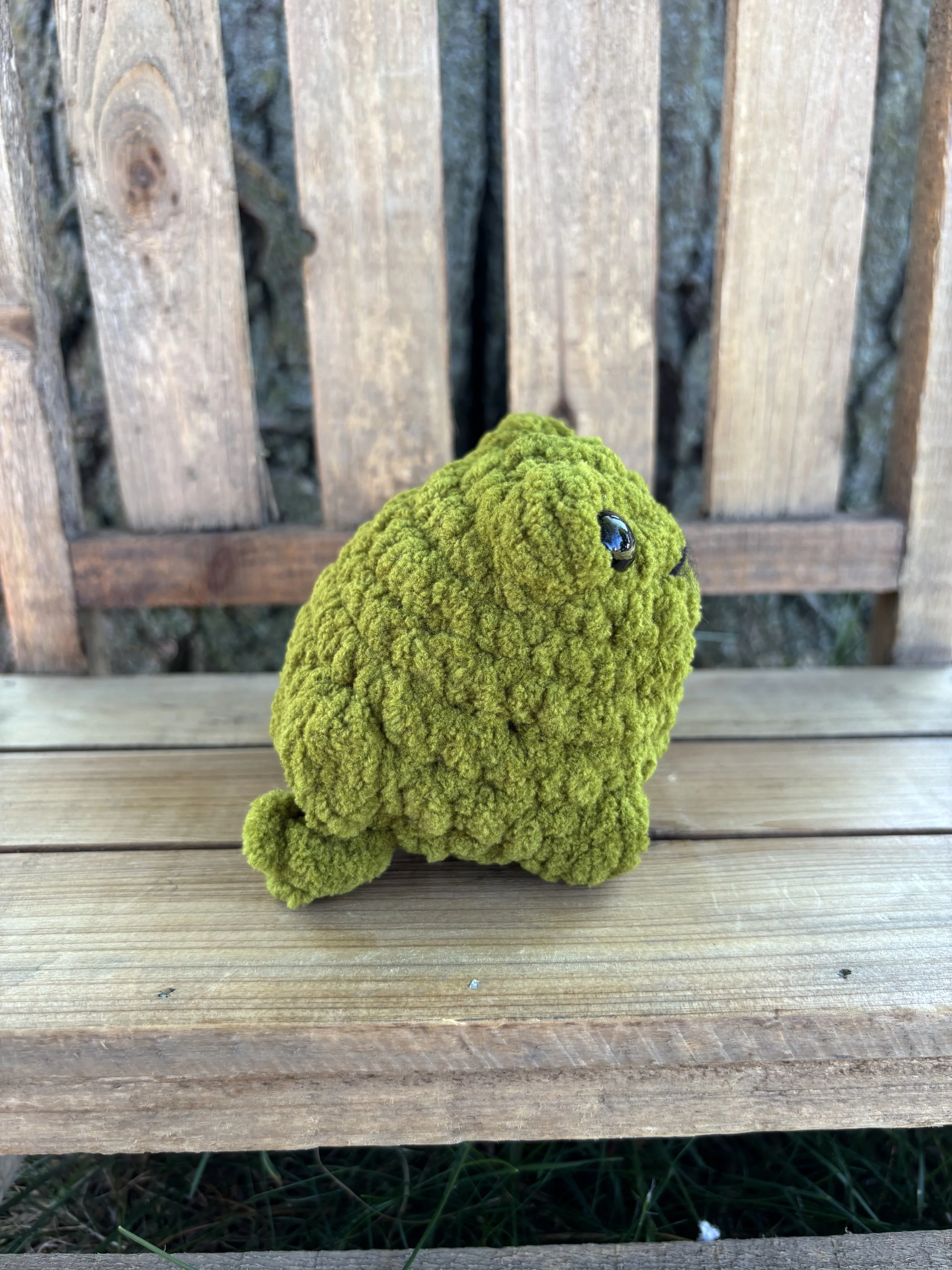 Handmade crochet olive green jumping frog plushie