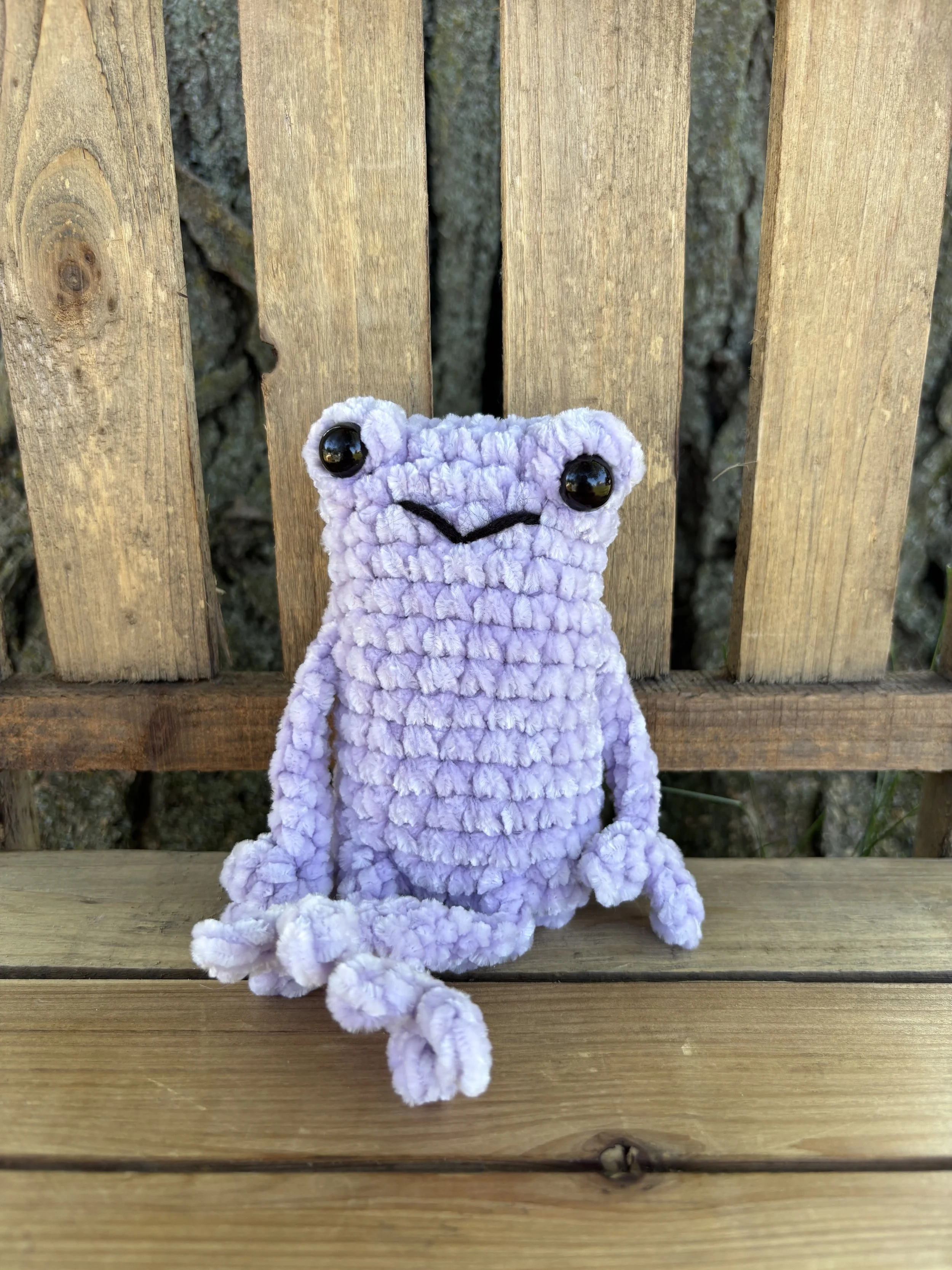 Handmade crochet lavender velvet leggy frog plushie