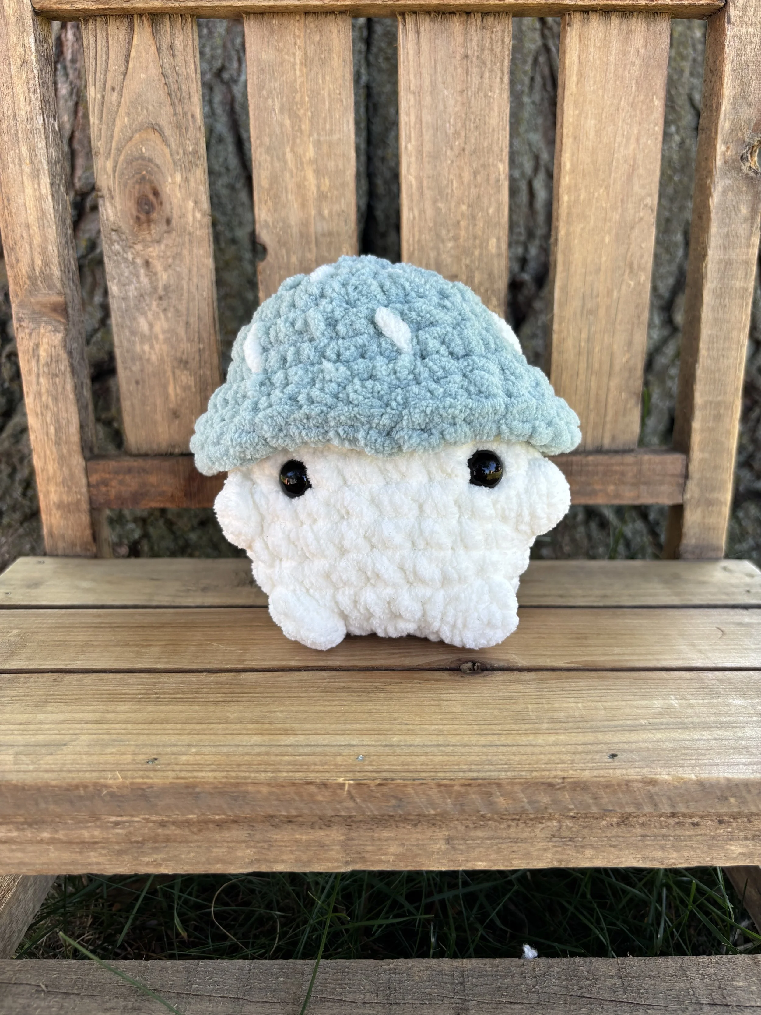 Handmade crochet mint mushroom plushie