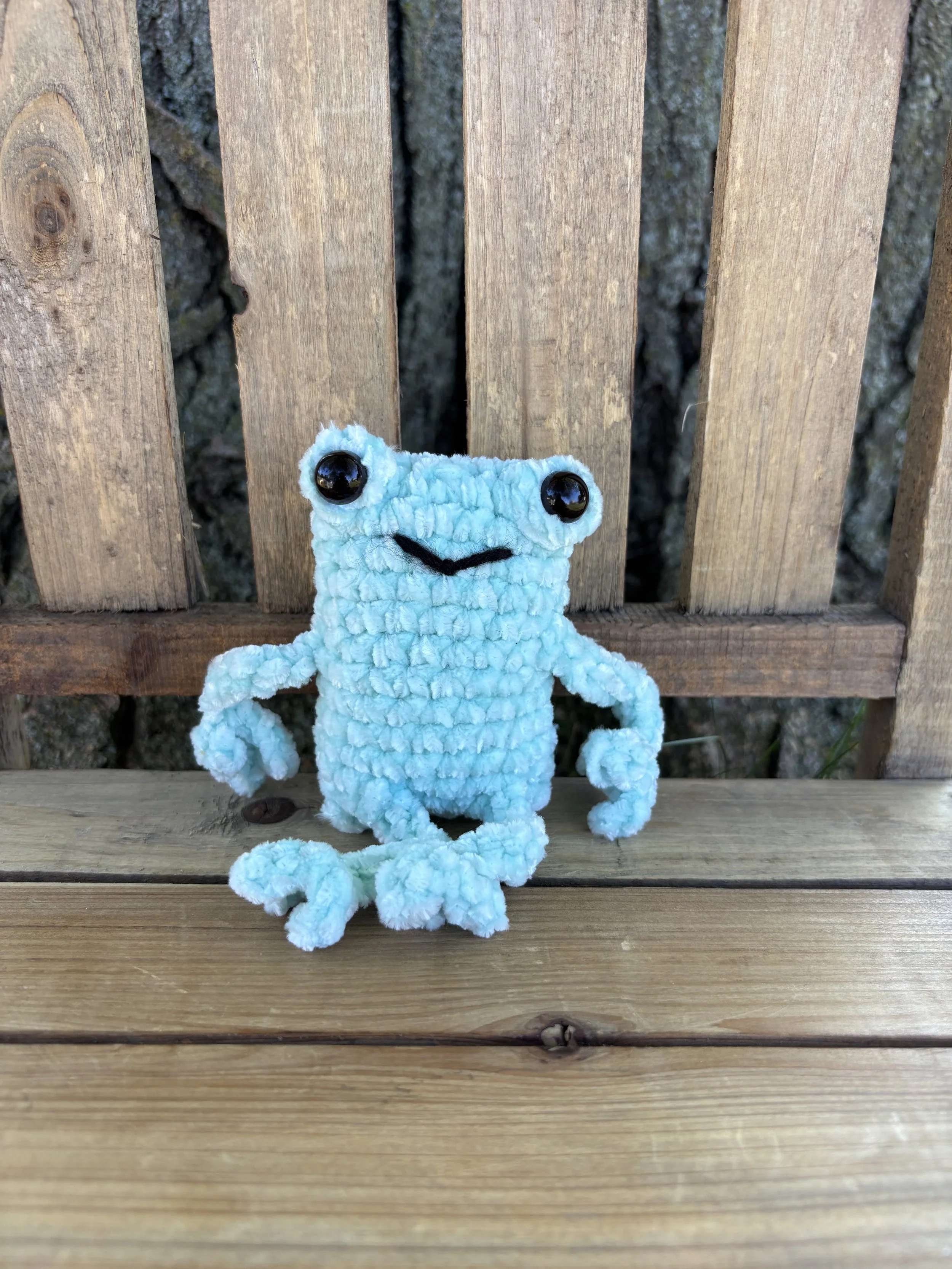 Handmade crochet mint velvet leggy frog plushie