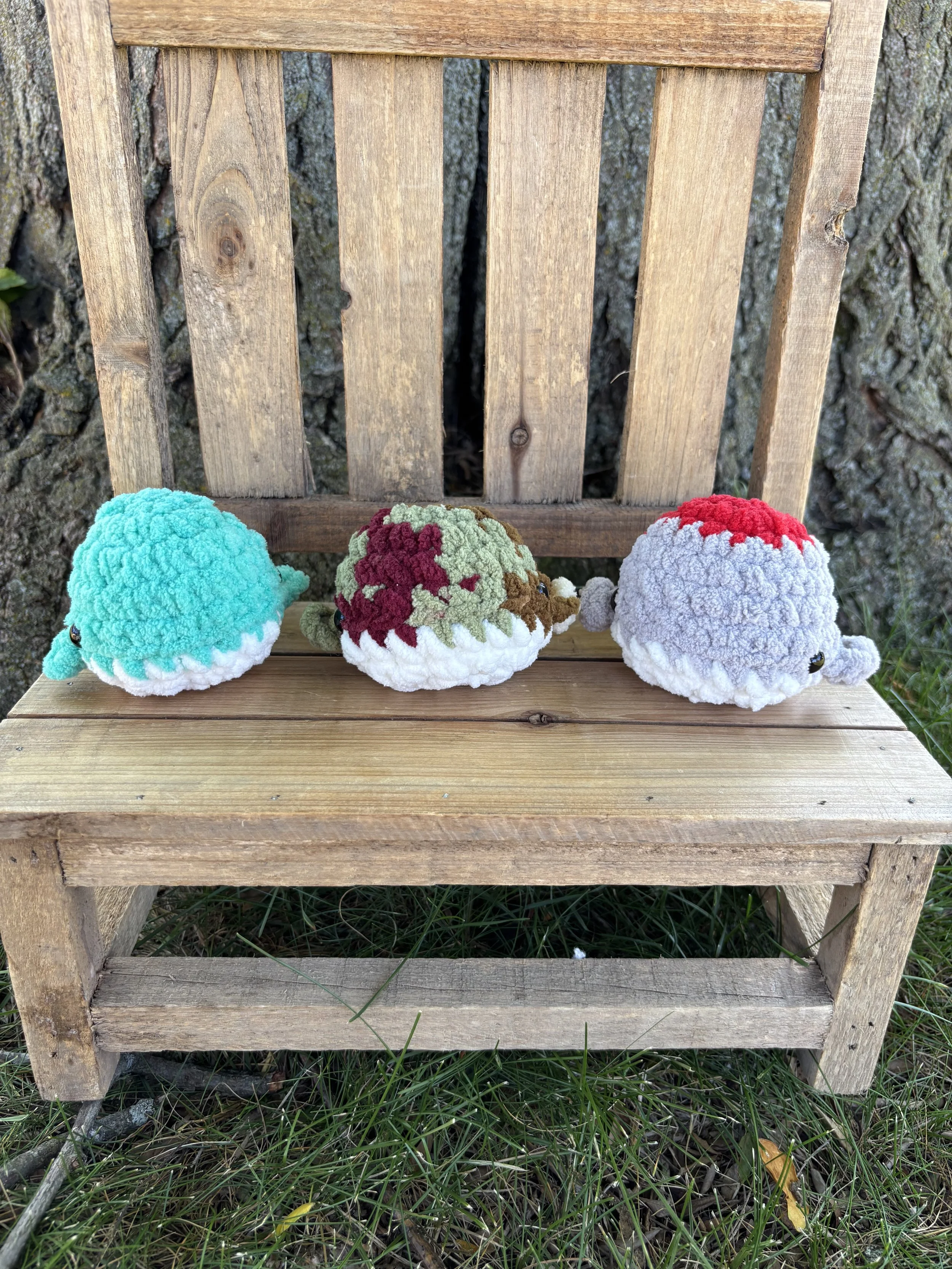 Handmade mini crochet whale plushie collage