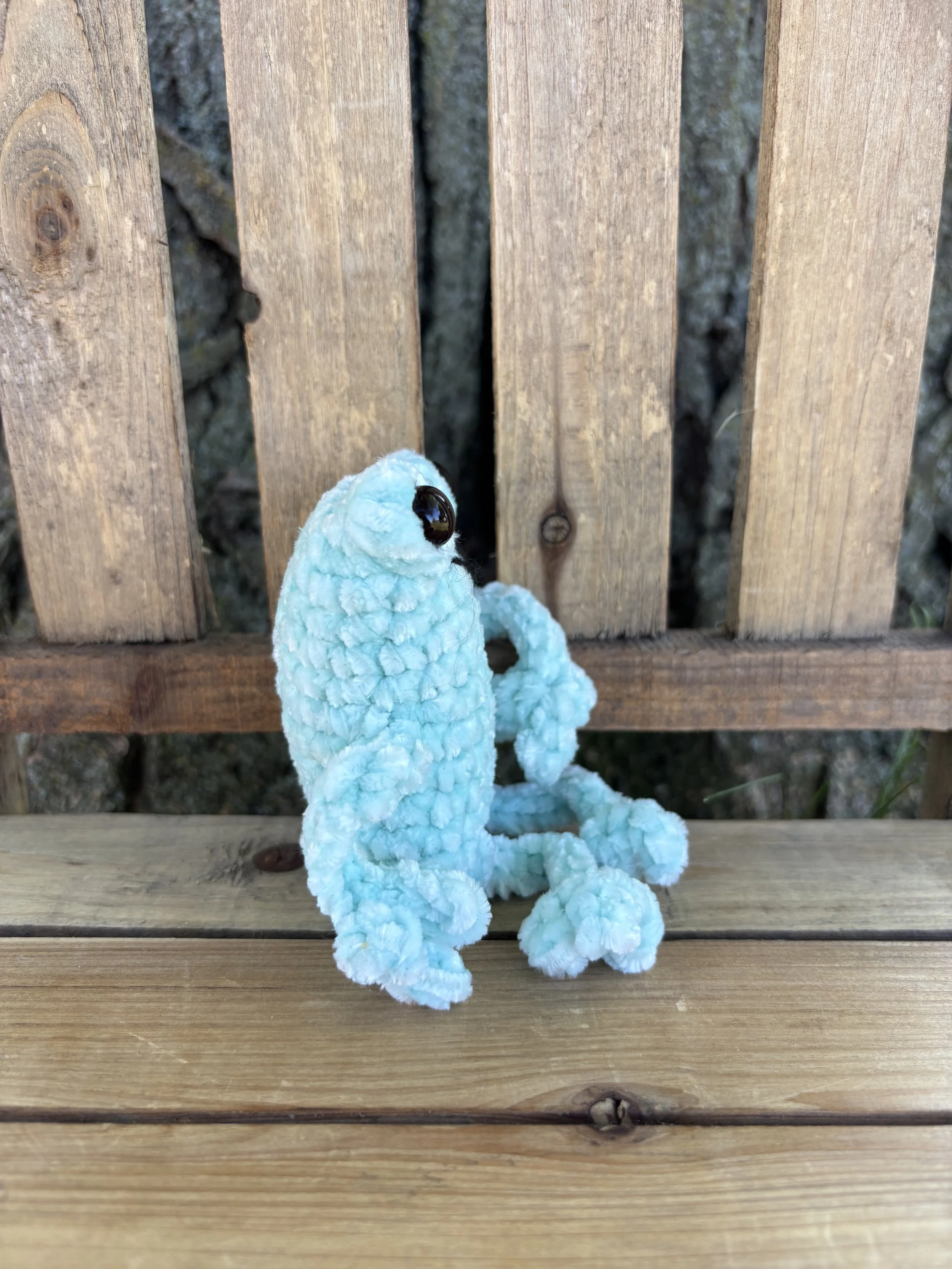Handmade crochet mint velvet leggy frog plushie