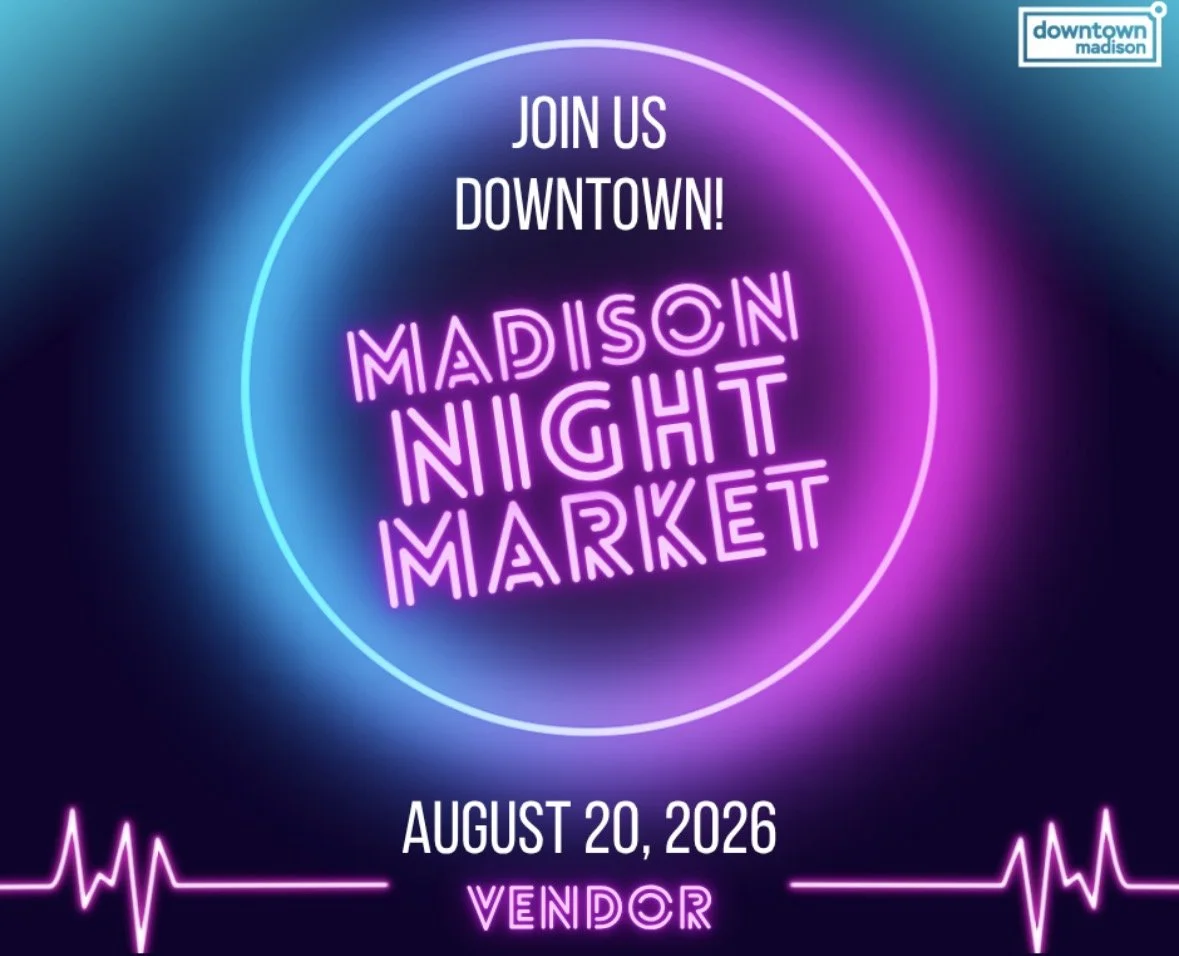 Madison Night Market vendor flyer, neon sign design, event date August 20, 2026, presented by Downtown Madison
